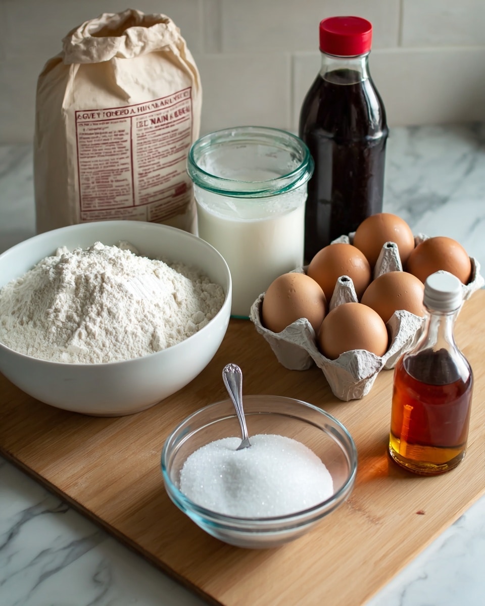 The image shows several baking ingredients arranged on a wooden board against a white marbled surface. From left to right, there is a white bowl filled with white flour that has a powdery texture, sitting close to a beige paper flour bag. Behind it, there is a dark glass bottle with a red cap. Next, a container of sugar with a frosted rim sits filled with white liquid, and in front of it is a carton with six eggs, three brown and three white. In front of the eggs, a clear glass bowl holds granulated white sugar with a metal spoon resting inside. To the right is a small clear glass bottle with an amber liquid and a brown cap. photo taken with an iphone --ar 4:5 --v 7
