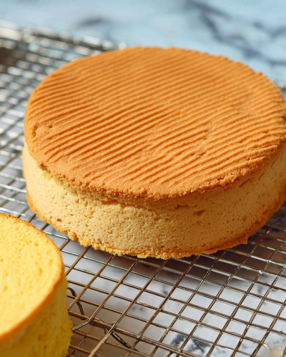 The image shows a round sponge cake layer with a light golden brown color on the top and side, resting on a metal cooling rack. The top surface has an even pattern of thin straight lines running parallel, giving a textured look. The cake appears soft and fluffy with a slightly rough outer edge. To the bottom left, there is a partial view of another sponge cake layer with a smooth yellow interior. The whole setup is placed on a white marbled surface. photo taken with an iphone --ar 4:5 --v 7