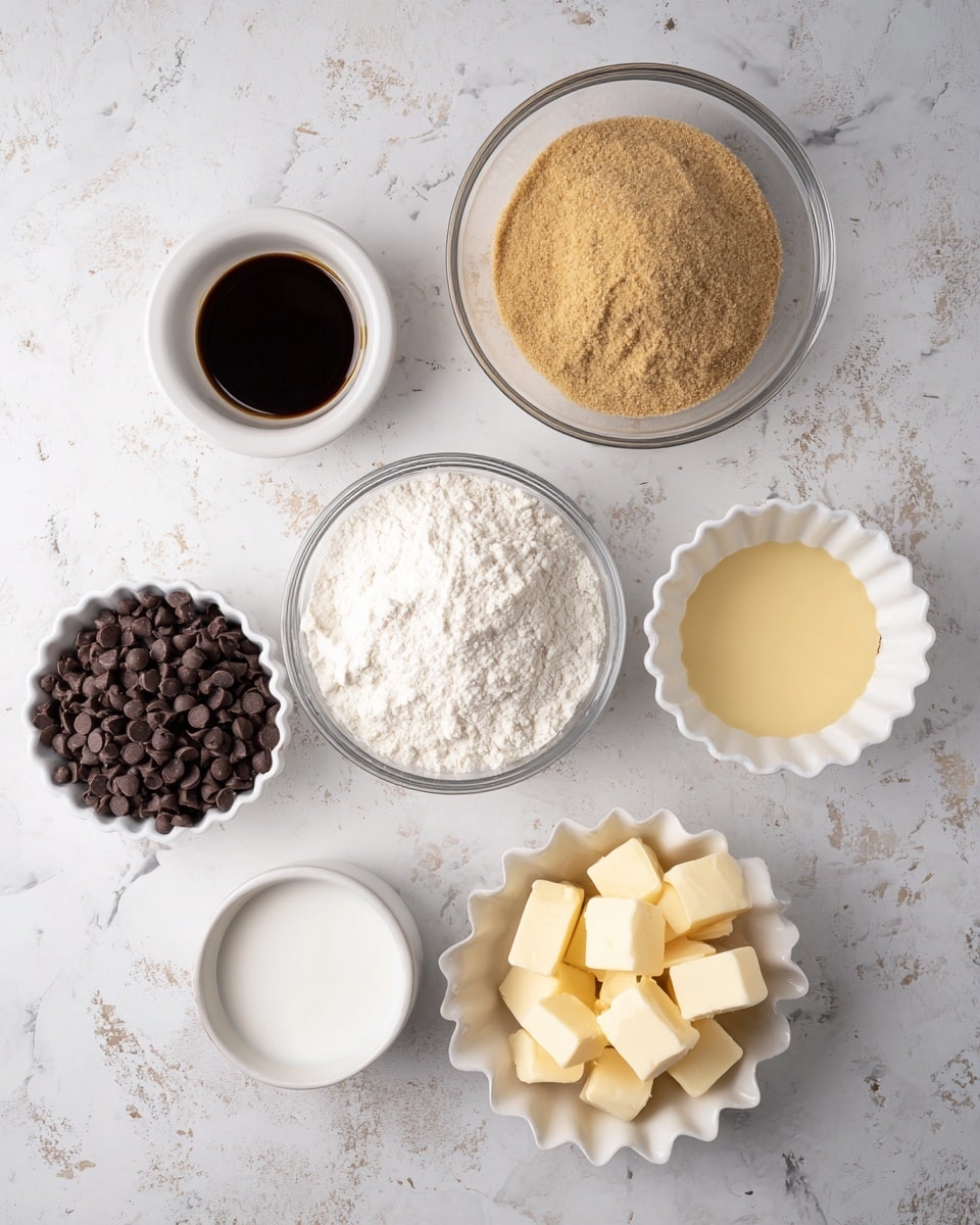 This image shows eight small bowls on a white marbled surface, each holding a different baking ingredient. Starting from the top left, there is a small white bowl with dark brown vanilla extract, a large clear glass bowl filled with light brown sugar, and a white scalloped bowl with dark chocolate chips. Below the large bowl, there is another clear glass bowl containing white flour. To its right, a white scalloped bowl holds a pale yellow thick liquid, likely a batter or mixture. Further down, there is a small white bowl filled with miniature dark chocolate chips, a white bowl with white cream or milk, and lastly a white bowl containing small cubes of pale yellow butter. The bowls are neatly spaced in a somewhat circular arrangement. Photo taken with an iphone --ar 4:5 --v 7