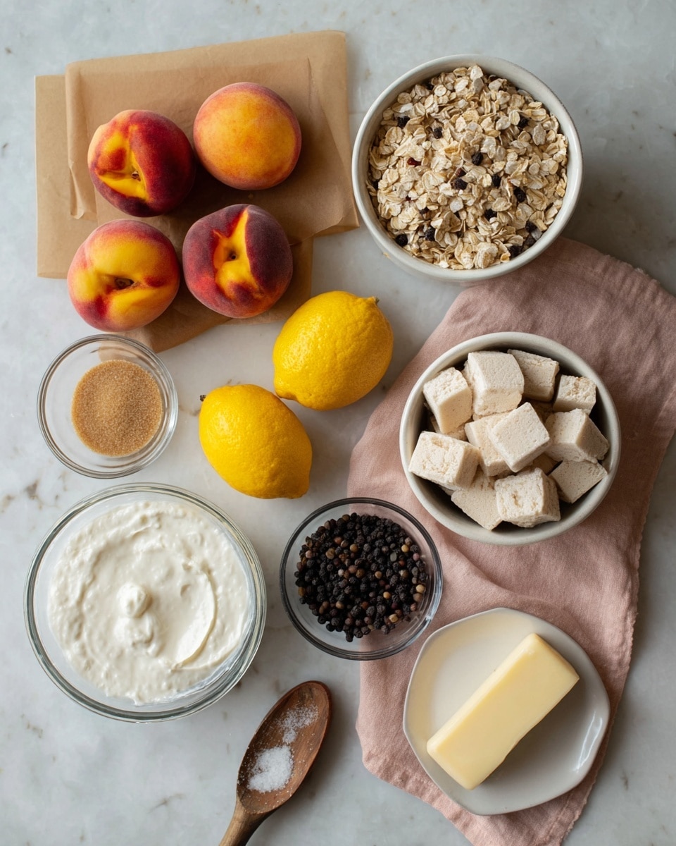 The image shows a top view of ingredients arranged on a white marbled surface. On the top left, there are five red peaches with yellow patches placed on brown paper. Below the peaches, two yellow lemons rest directly on the surface. Towards the center right, a white cup filled with clusters of beige granola mixed with dark bits sits next to a small glass bowl containing light brown sugar. Adjacent to these, there is a white bowl on a light pink cloth, filled with frozen beige dough cubes. Above this bowl, a glass contains thick white cream. In the lower left corner, a larger white bowl holds a pale flour mixture with small white pebbles. Near this, a wooden spoon with some dark round pepper berries lies on the marbled surface. Finally, a small white plate with a pale yellow pat of butter is placed close to a white bowl filled with dark round berries. Photo taken with an iphone --ar 4:5 --v 7