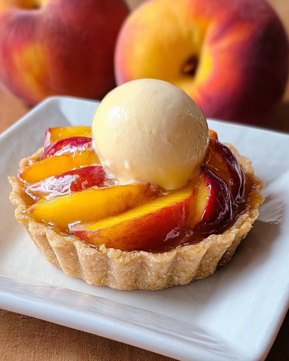 A small tart sits in a white dish, placed on a matching white square plate with a white marbled texture underneath. The tart has a crumbly beige crust holding a glossy layer of yellow-orange peach slices with reddish edges, arranged neatly in a circle. On top of the peaches, there is a smooth, round ball of pale cream-colored ice cream. In the background, two whole peaches with a mix of reddish and yellow skin sit slightly blurred, adding a warm color contrast to the scene. Photo taken with an iphone --ar 4:5 --v 7