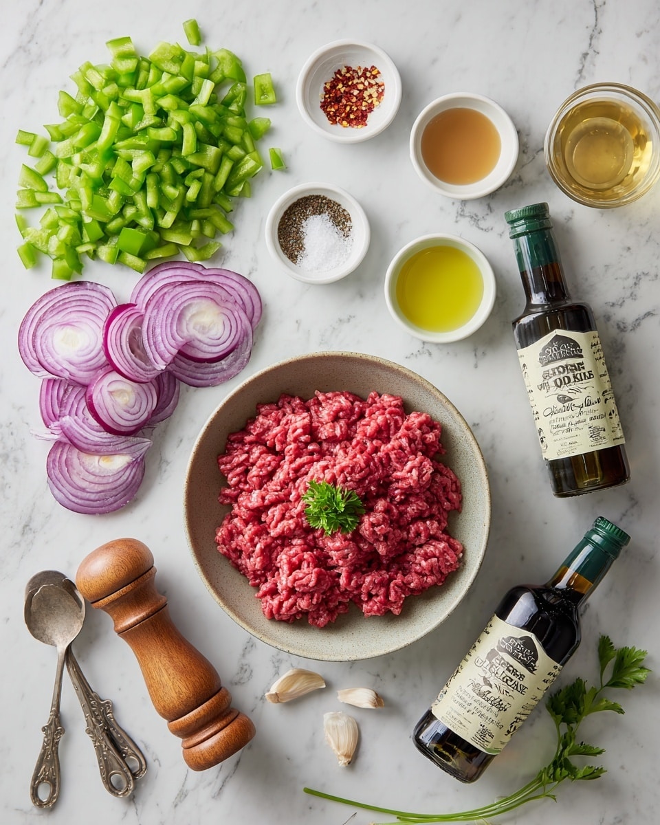 The image shows a top view of cooking ingredients on a white marbled surface, arranged neatly. In the center, there is a bowl filled with bright red ground meat, topped with a small green parsley leaf. Above and around the bowl, there are two piles of green diced bell peppers and three piles of thinly sliced purple onions arranged in curved layers. To the top right, there are two bottles labeled soy sesame oil and oyster sauce. Next to these are two small glass bowls with light brown and yellow liquids. Scattered around are small white bowls containing coarse salt, black pepper, and red chili flakes. A wooden pepper grinder and three measuring spoons lie near the bottom left of the image, adding a metallic touch. There is also a small green parsley leaf placed near the bottom right. Photo taken with an iphone --ar 4:5 --v 7