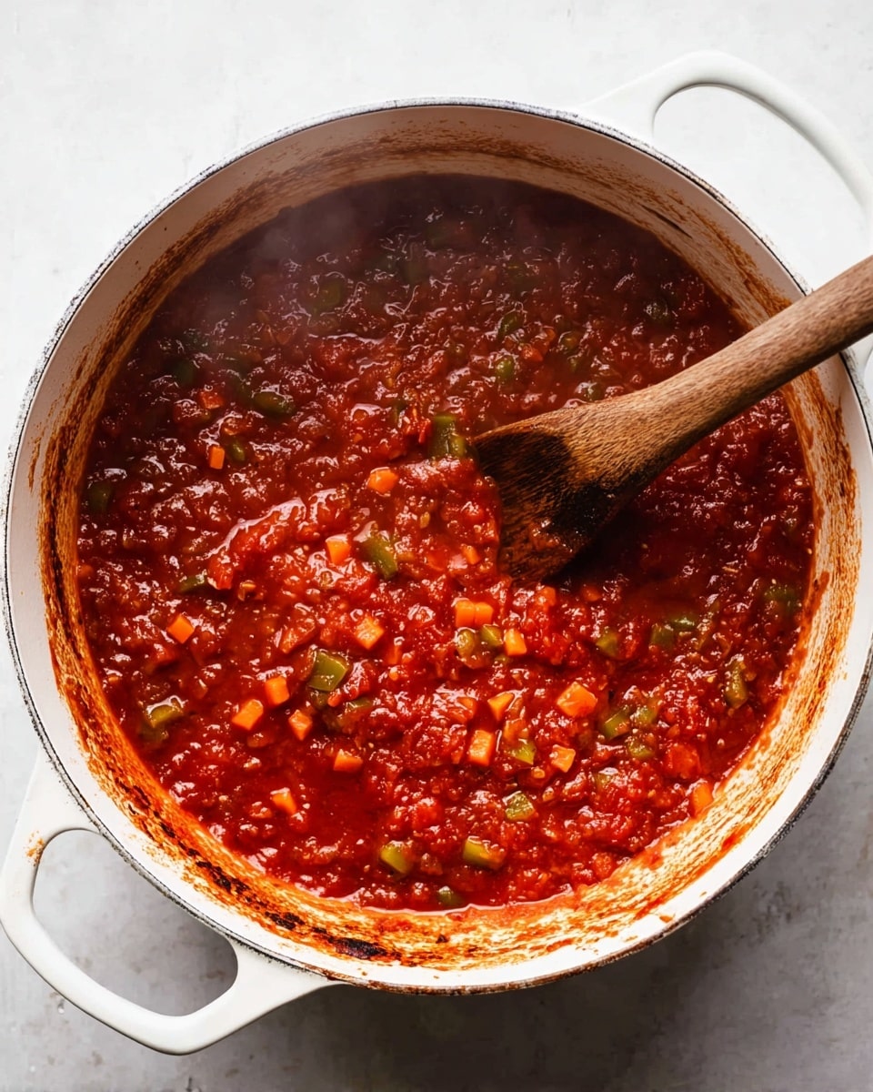 A white pot filled with thick, chunky red tomato sauce cooking, mixed with small pieces of orange carrots and green celery. The sauce shows a slightly dark burnt area on one side inside the pot, and a wooden spoon is stirring the sauce from the right side into the middle. The white pot sits on a white marbled surface with steam rising from the sauce. photo taken with an iphone --ar 4:5 --v 7