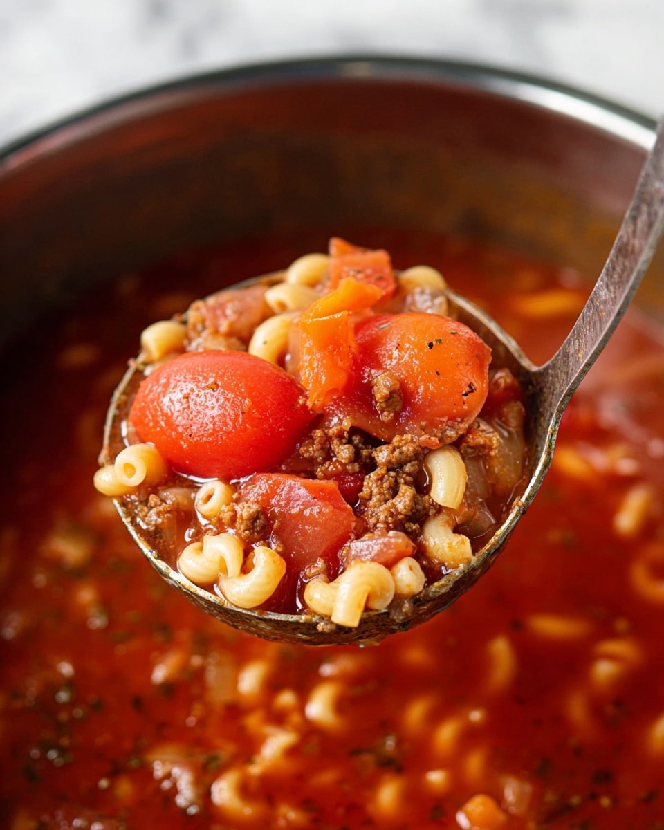 A close-up view of a metal ladle full of tomato soup held above a pot, showing three main layers: the top layer with bright red whole tomatoes with a smooth, slightly shiny surface; underneath, small brown crumbled meat and diced translucent onion pieces mixed with chunks of orange and red tomatoes; the bottom layer contains short, pale yellow spiral macaroni pasta, all swimming in a thin, deep red broth with visible herbs and spices in the background on a white marbled surface. photo taken with an iphone --ar 4:5 --v 7