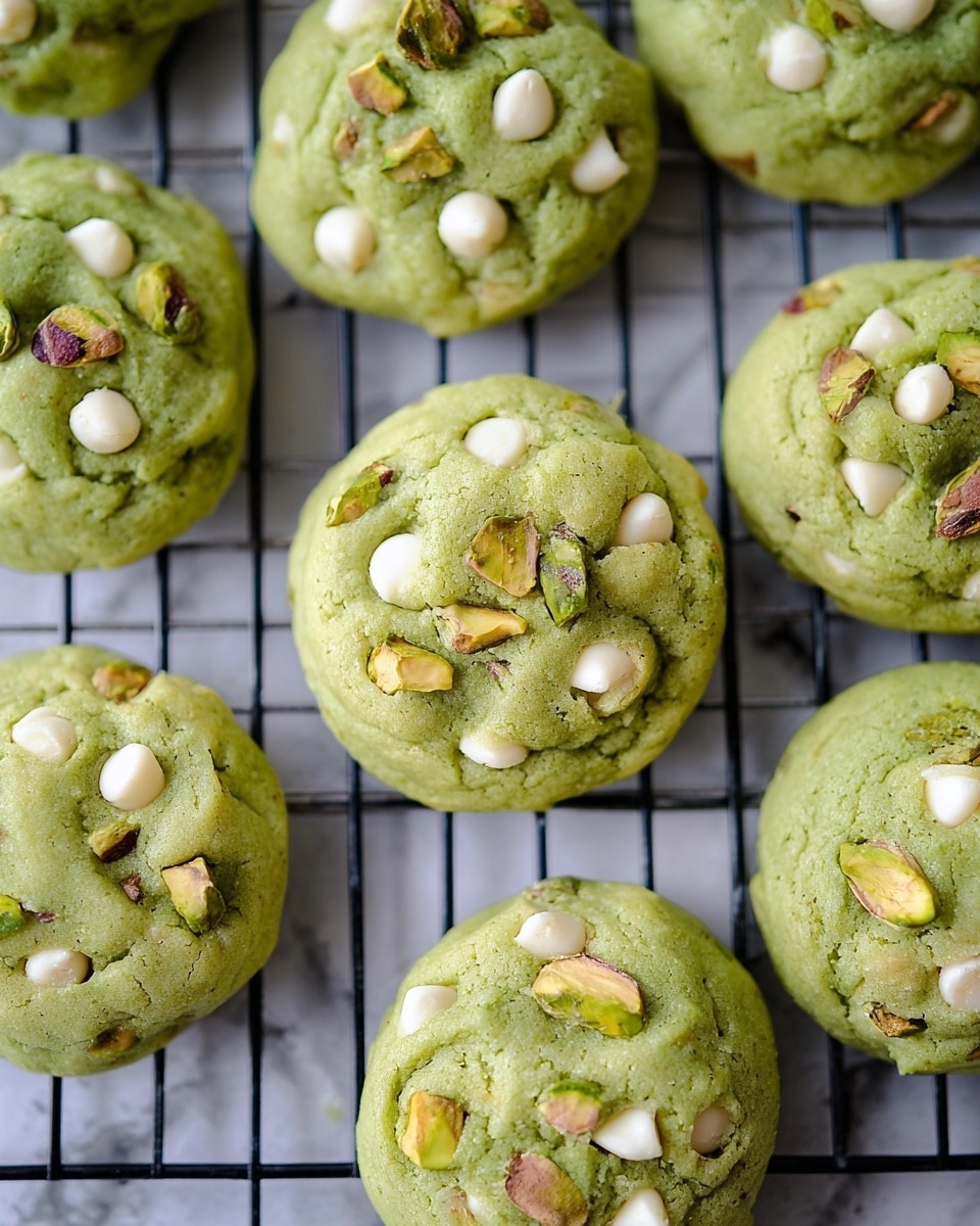 The image shows a group of soft, round green cookies with uneven surfaces, each dotted with white chocolate chips and small pieces of pistachio nuts. The cookies are placed closely together on a black cooling rack, which sits on a white marbled surface. The green dough of the cookies has a smooth, slightly shiny texture, and the white chocolate chips and pistachio pieces create contrast with their creamy white and various shades of green and brown. The cooling rack’s grid pattern is clear beneath the cookies. The lighting is bright and natural, making the colors and textures stand out, and the photo taken with an iphone --ar 4:5 --v 7