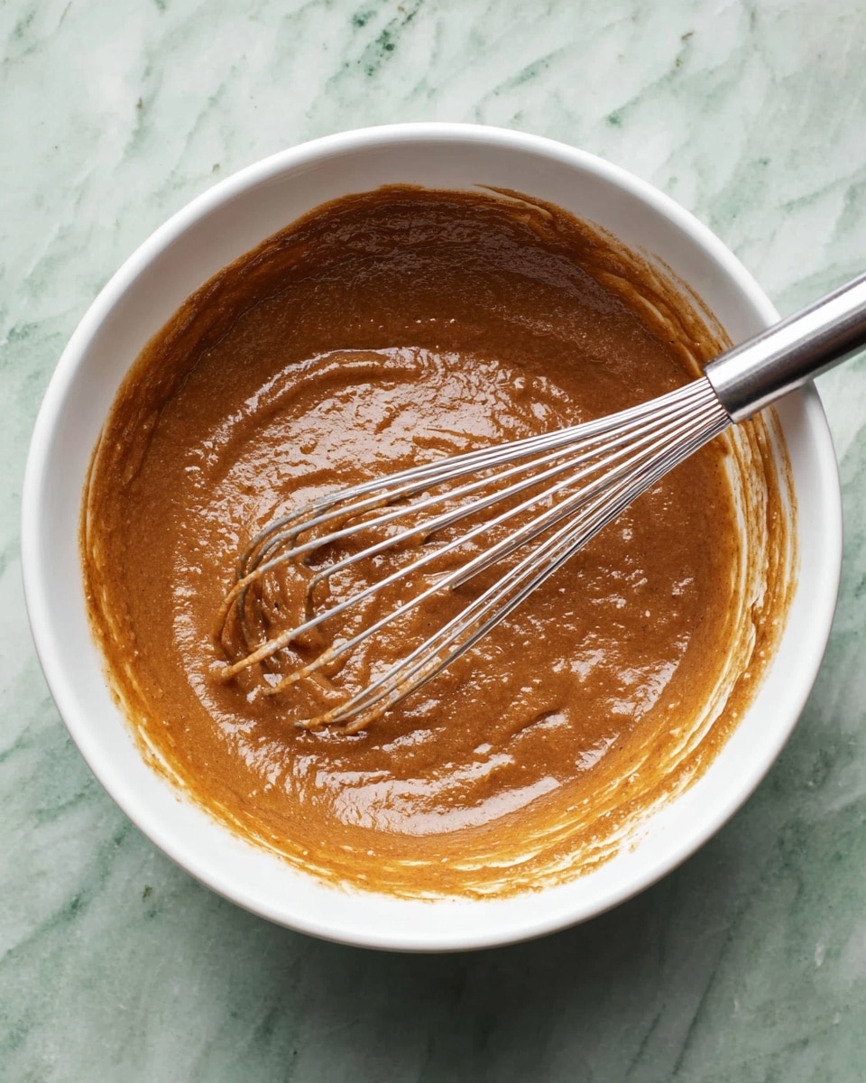 A white bowl sits on a white marbled surface filled with thick, brown batter that has a smooth but slightly textured surface. Embedded in the batter is a silver whisk with some batter clinging to its wires, positioned diagonally inside the bowl. The batter appears evenly mixed and glossy. Photo taken with an iphone --ar 4:5 --v 7