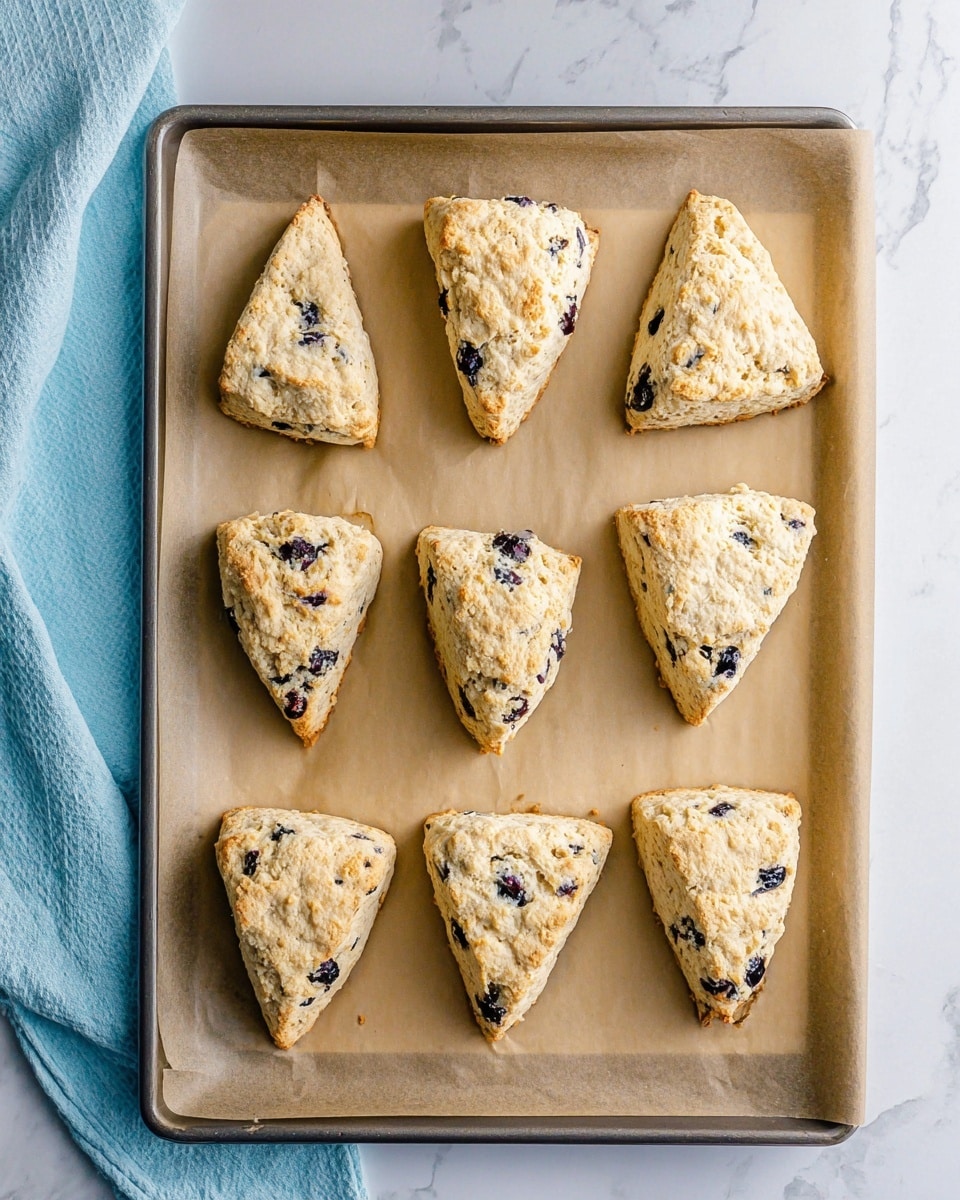 A baking sheet lined with brown parchment paper holds nine triangle-shaped scones arranged in three rows of three. Each scone is light beige with a rough, crumbly texture and scattered dark blueberries embedded inside. The scones vary slightly in shape and size, showing a homemade look. The baking sheet is placed on a white marbled surface, and a light blue cloth is seen softly draped to the left side. Photo taken with an iphone --ar 4:5 --v 7