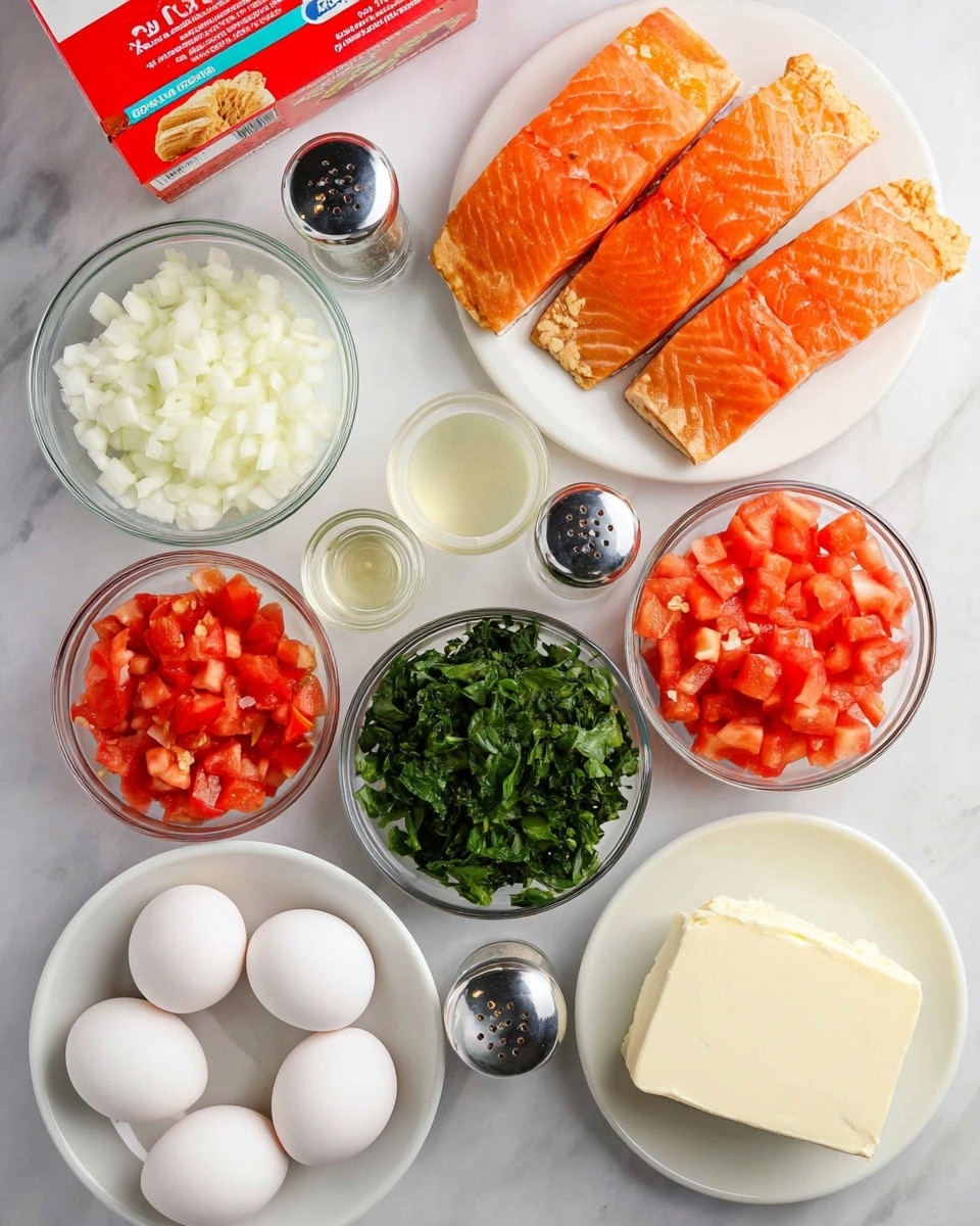 The image shows a flat lay of ingredients on a white marbled surface, arranged neatly in glass bowls and white dishes. There are four white eggs in a small white bowl at the bottom center. Above and to the left is a small glass bowl filled with chopped white onions, and next to it on the right is another glass bowl with diced red tomatoes. Below the tomatoes, there is a small glass bowl with coarsely chopped green leafy vegetables. Directly above the eggs is a small glass bowl holding a clear liquid, likely oil or vinegar. To the right of the leafy greens is a glass pepper shaker. At the top right, a white plate displays raw salmon fillets with a bright orange color and visible texture. To the top center is a glass bowl with a block of cream cheese or butter. On the left side of the image is a red box of 9-inch pie crusts standing upright. In the top left corner is a measuring cup filled with milk or cream. All items are spaced evenly on the smooth white marbled background. photo taken with an iphone --ar 4:5 --v 7