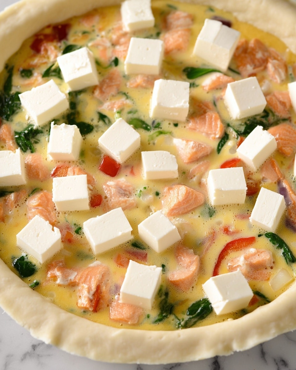 A close-up view of an uncooked pie with three layers visible: the bottom layer is a pale beige pie crust with a soft, slightly crimped edge; the middle layer is a yellowish, creamy egg mixture filled with chunks of pinkish-orange salmon, bright green spinach leaves, and small pieces of red tomato; the top layer consists of evenly distributed cubes of white cream cheese scattered across the pie filling. The pie rests on a white marbled surface. Photo taken with an iphone --ar 4:5 --v 7