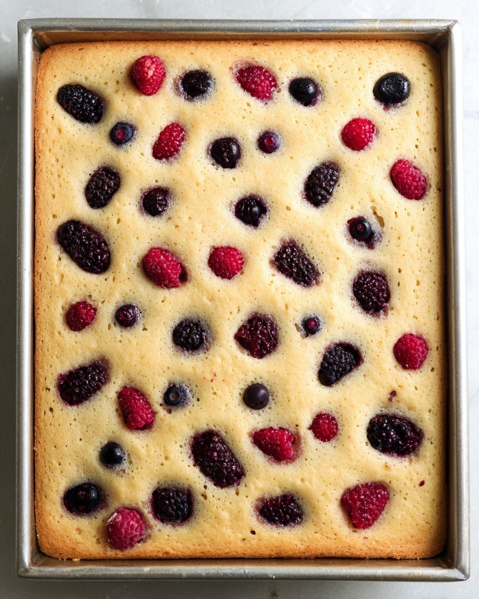 A single-layer square cake with a light golden-baked surface scattered evenly with fresh berries in red, purple, and deep blue colors. The cake appears soft with small cracks on the surface, and the berries are gently pressed into the top layer, creating subtle dips around them. The cake is shown inside a metal baking pan, sitting on a white marbled texture surface. photo taken with an iphone --ar 4:5 --v 7