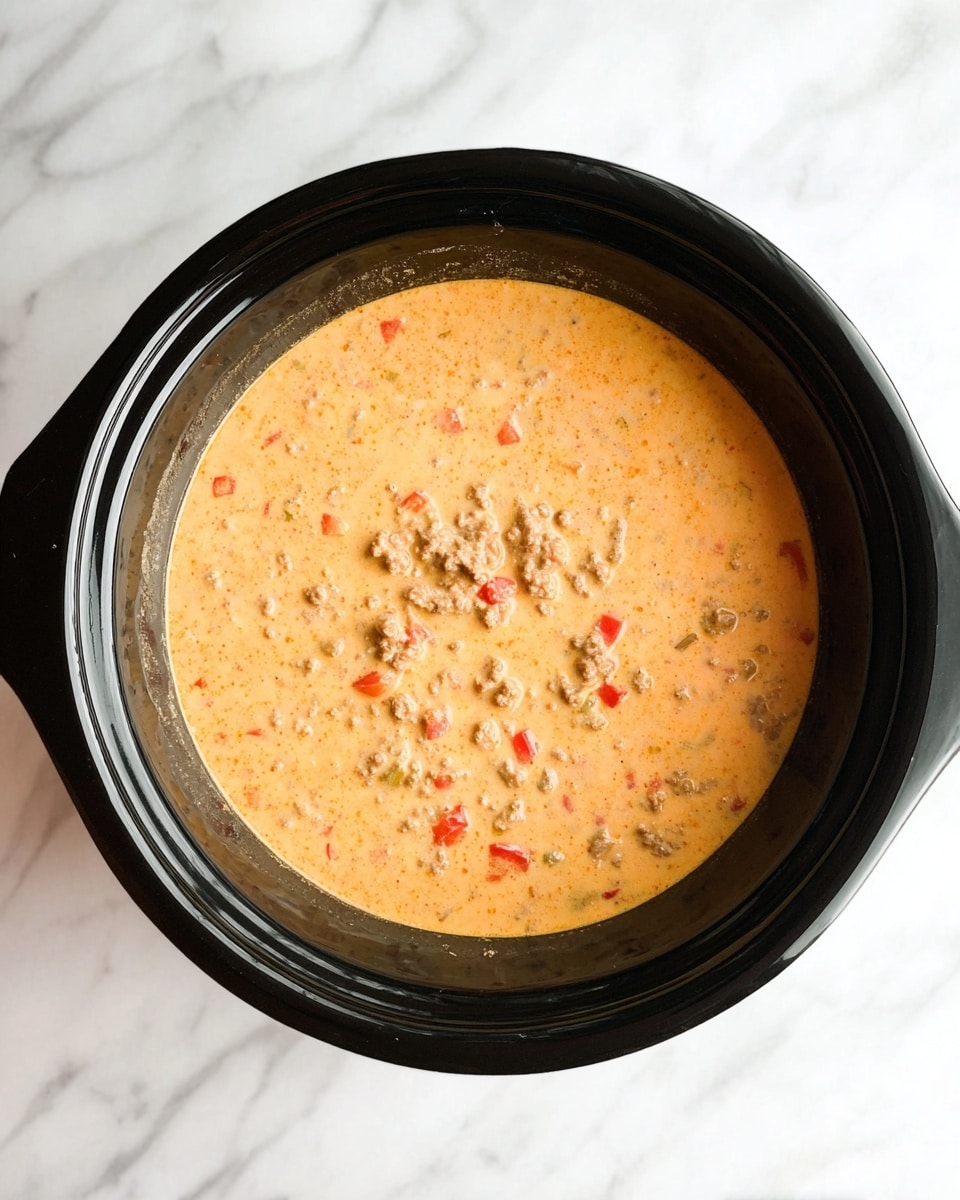 A round black pot filled with creamy orange soup with small chunks of red, white, and light brown ingredients mixed throughout, giving it a thick and slightly textured look, placed on a white marbled surface photo taken with an iphone --ar 4:5 --v 7