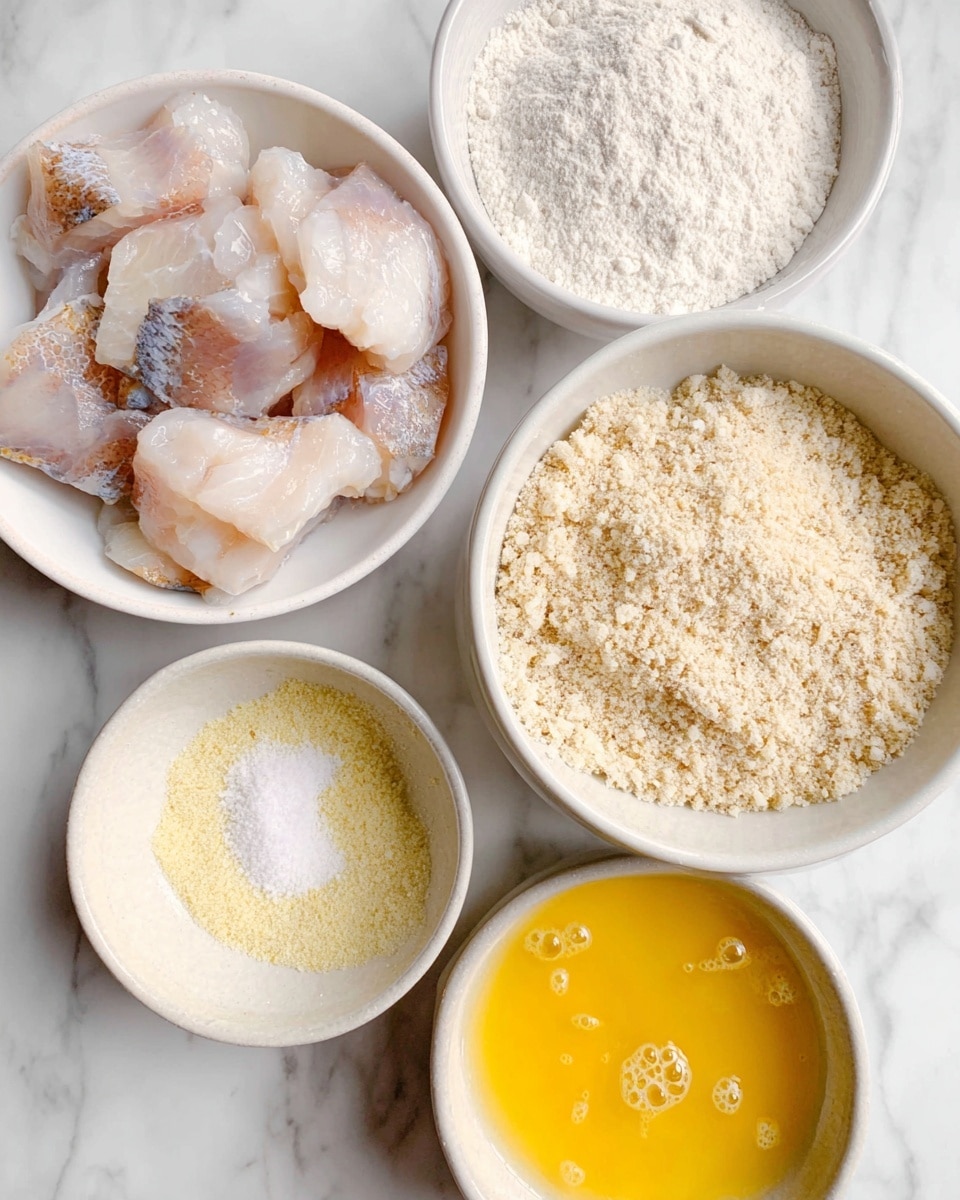 The image shows four white bowls on a white marbled surface. The largest bowl on the left contains pieces of raw fish with skin attached, the fish looks pale and moist with a soft texture. At the top right, there is a bowl filled with white flour that looks fine and powdery. Below it to the right, a bowl holds a dry mixture with light yellow crumbs and two small piles of seasoning, one light yellow and the other white. At the bottom left, there is a bowl with a beaten egg mixture, bright yellow and slightly foamy on top. Photo taken with an iphone --ar 4:5 --v 7