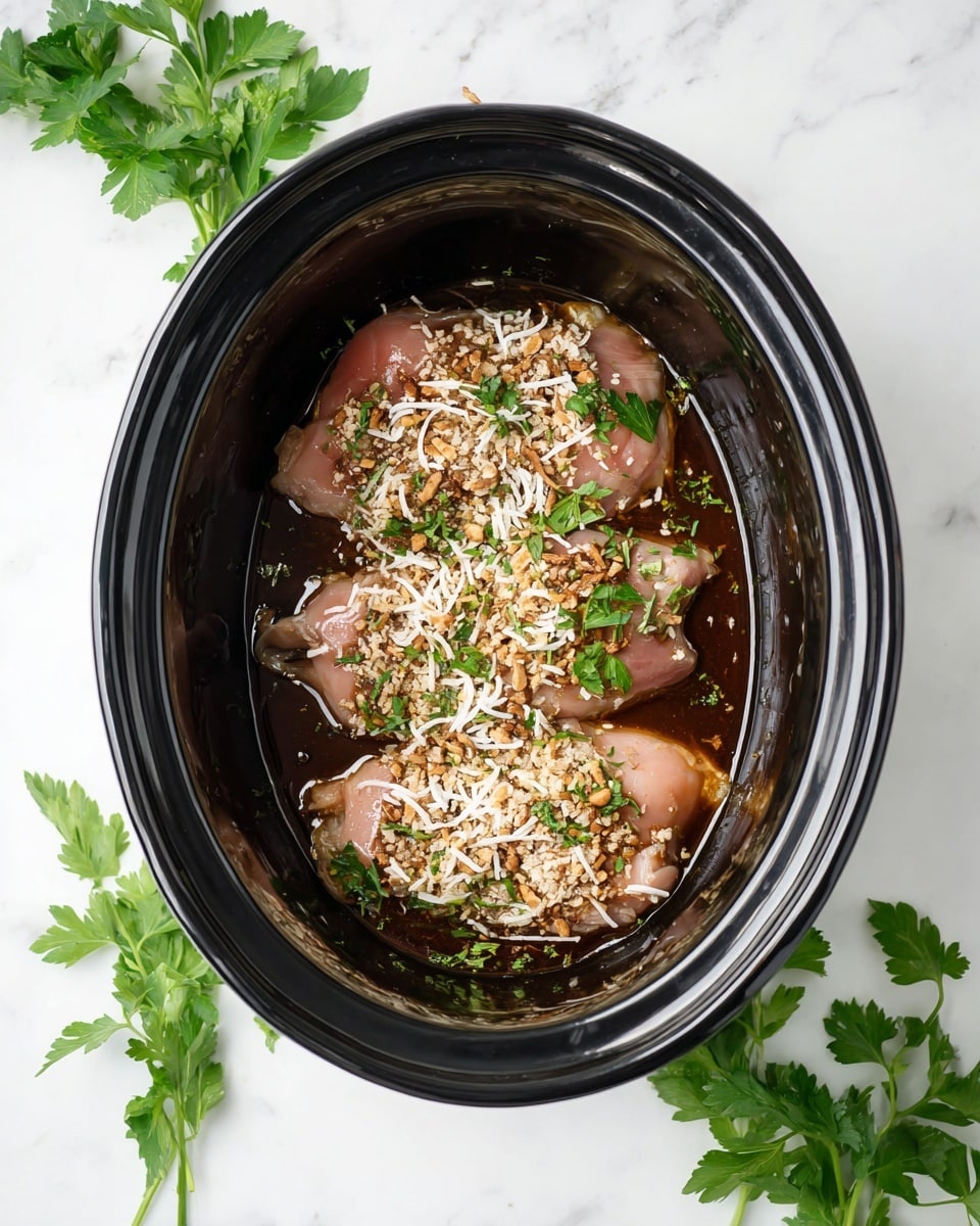 Inside a black slow cooker pot, there are four raw chicken pieces arranged in a single layer, each covered with a light brown powdery seasoning and small white flakes on top. The chicken sits in a dark brown sauce with small bits floating around. The pot is placed on a white marbled surface with sprigs of fresh green parsley near the top left and bottom right corners. Photo taken with an iphone --ar 4:5 --v 7