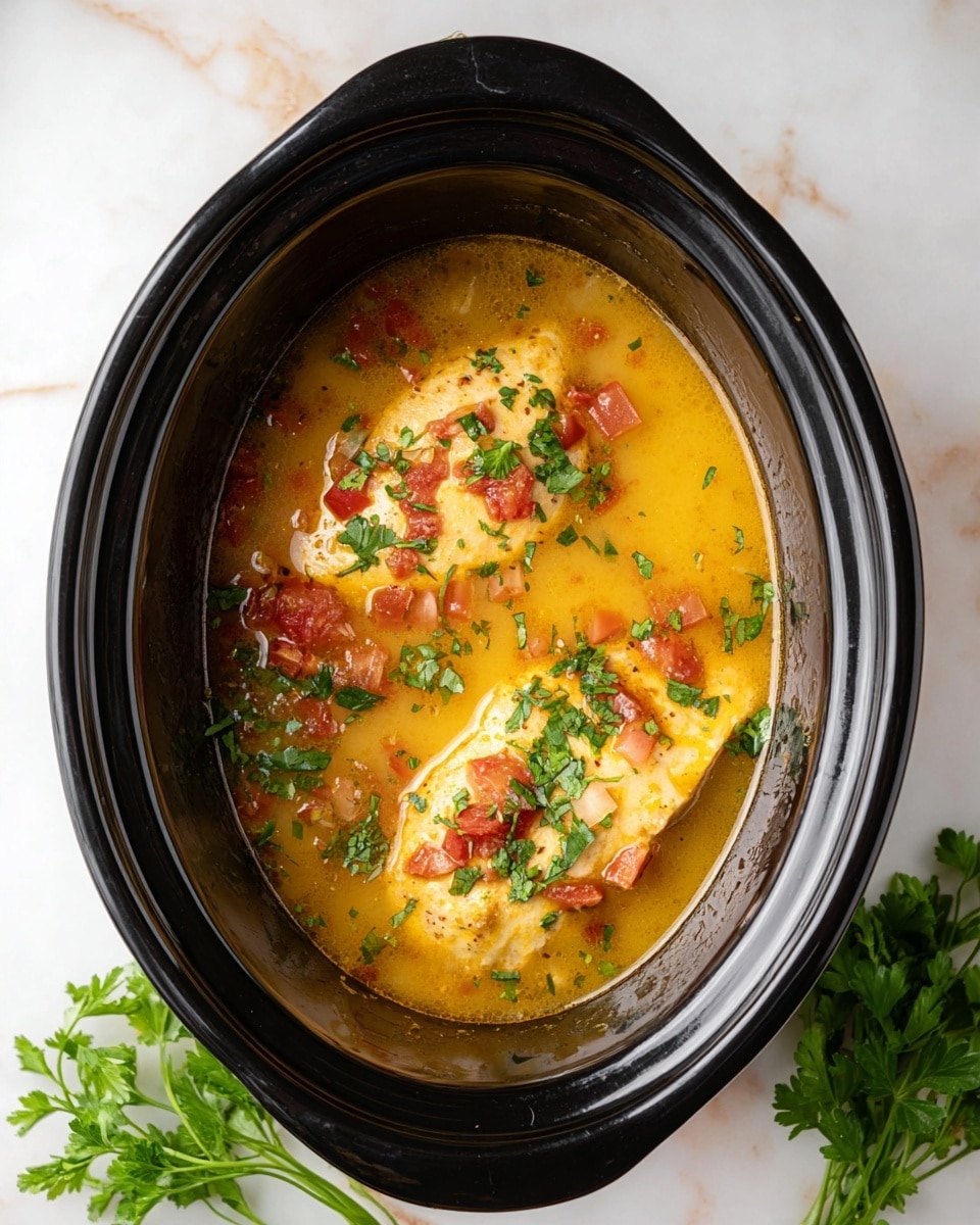 Inside a black slow cooker, there are two pieces of seasoned chicken partially covered by a light yellow broth. The broth contains small red tomato pieces scattered on top, along with some small white cubes that appear to be cheese, and tiny bits of green vegetables. The chicken pieces have a light brown crust with specks of red seasoning. The cooker is set on a white marbled surface with fresh green parsley fronds nearby. Photo taken with an iphone --ar 4:5 --v 7