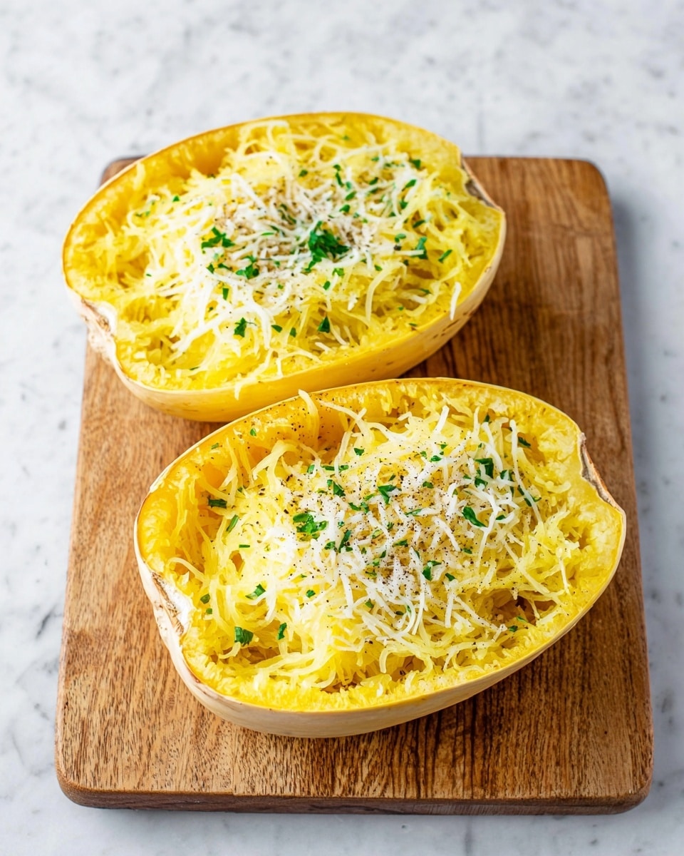Two halves of bright yellow spaghetti squash sit side by side on a wooden cutting board. Each half is filled with shredded squash strands that have a smooth, soft texture mixed with a light layer of grated white cheese on top. The cheese is sprinkled with small green herbs and black pepper, adding color contrast. The wooden board is placed on a white marbled surface, making the colors of the squash and cheese stand out. photo taken with an iphone --ar 4:5 --v 7