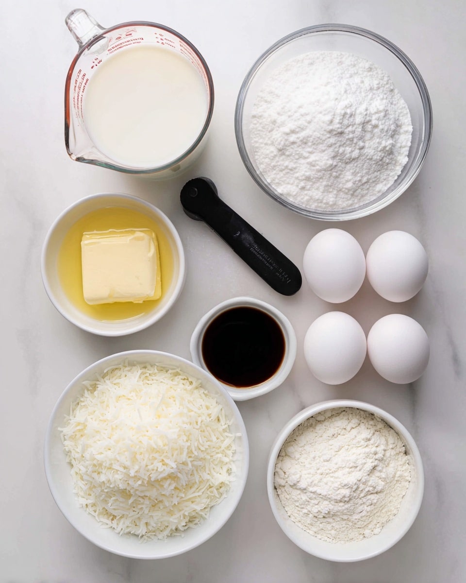 The image shows eight baking ingredients arranged neatly on a white marbled surface. At the top left is a clear measuring cup filled with milk, next to it on the right is a white bowl full of sugar. Below the sugar are four white eggs grouped together. In the center left is a white bowl with melted butter, and near the eggs is a black measuring spoon holding salt. At the bottom left is a white bowl filled with shredded coconut, and next to it on the right is a white bowl with flour. Below the eggs is a small white container with a dark liquid, likely vanilla extract. All items are evenly spaced and viewed from above, with a clean and bright look. photo taken with an iphone --ar 4:5 --v 7