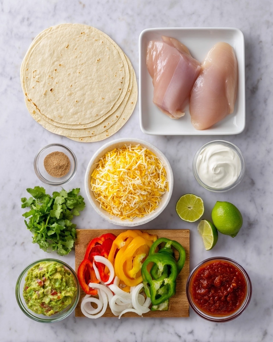 The image shows ingredients for a meal arranged on a white marbled surface. There are three light beige tortillas stacked in the top left corner. To the right, a white square bowl holds two raw chicken pieces, pink with a smooth texture. Below the tortillas, a small white bowl filled with mixed yellow and white shredded cheese is next to a small glass bowl of light brown seasoning powder. In the bottom left, a small glass bowl contains green guacamole with bits of red mixed in. A wooden board in the center holds thinly sliced onion rings, a bunch of green cilantro, and sliced bell peppers in green, yellow, orange, and red colors, along with half a lime. To the right of the board, a small glass cup has white sour cream, and a small glass bowl filled with chunky red salsa sits at the bottom right. photo taken with an iphone --ar 4:5 --v 7