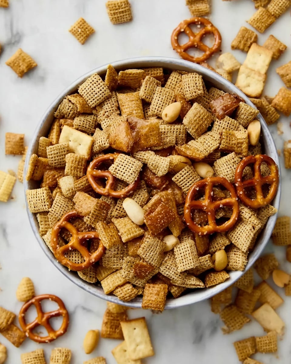 A white bowl filled with a snack mix that includes crunchy, light brown square cereal pieces with a textured surface, twisted brown pretzels with a shiny salt coating, small pale yellow peanuts, and round, broken light yellow crackers scattered throughout. The bowl sits on a white marbled surface, with some cereal pieces spilled outside the bowl. The mix shows a variety of textures, from smooth pretzels to rough cereal and nuts. Photo taken with an iphone --ar 4:5 --v 7