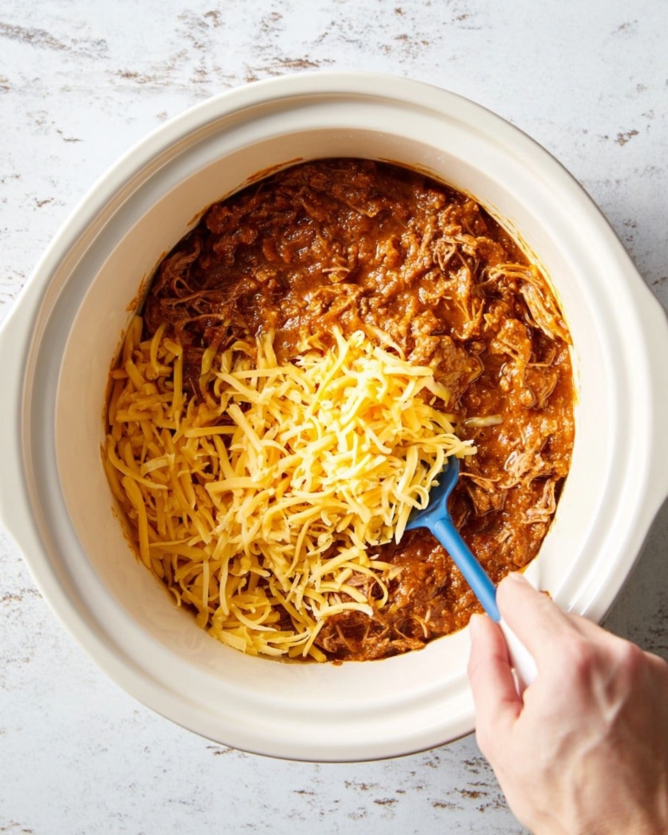 The image shows a white round slow cooker filled with shredded yellow cheddar cheese topped with a thick brown sauce containing shredded meat, all mixed together. The cheese forms an even base layer at the bottom and edges of the pot while the sauce covers the central part with a chunky texture. A woman's hand is holding a blue spatula inside the slow cooker, stirring the mixture. The background surface is a white marbled texture, and the lighting is natural and bright. photo taken with an iphone --ar 4:5 --v 7