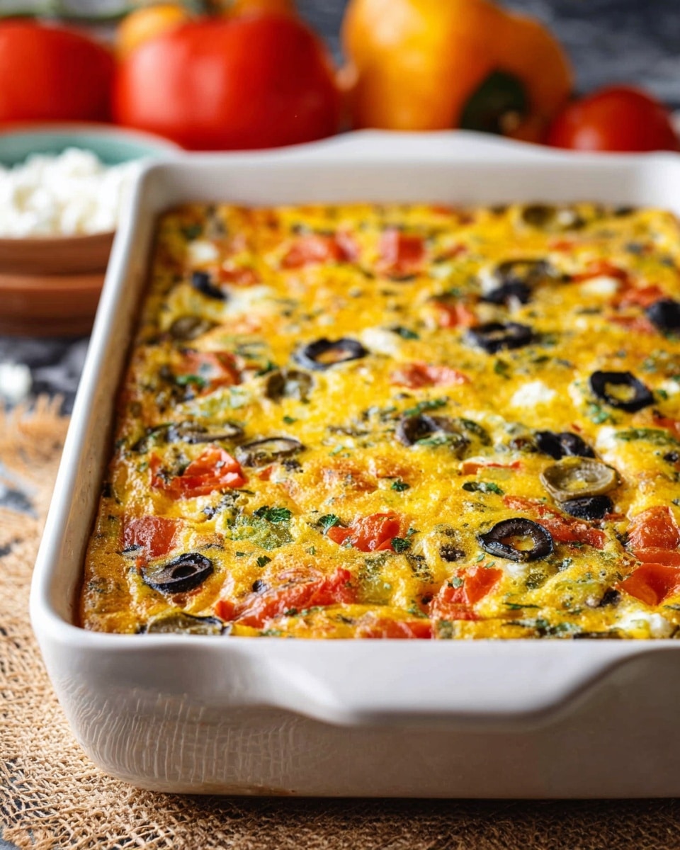 A rectangular white baking dish filled with a baked egg casserole that has visible layers of chopped tomatoes, black olive slices, green herbs, and bits of white cheese mixed in a yellow egg base. The casserole surface is uneven with colorful specks showing throughout, sitting on a coarse brown fabric over a white marbled surface. In the blurred background, whole tomatoes and a bowl of white cheese can be seen. Photo taken with an iphone --ar 4:5 --v 7