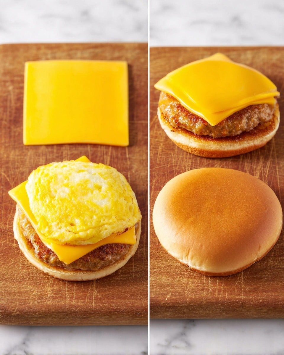 The image shows a breakfast sandwich being made in three steps on a brown cutting board with a hole in the top right corner, placed on a white marbled surface. In the first step, a round English muffin bottom is topped with a slice of bright yellow processed cheese, square and slightly larger than the muffin. In the second step, a folded yellow egg layer with a soft, slightly uneven texture is placed on the cheese, and a round, browned sausage patty with a crisp surface is added on top, matching the egg’s size. In the final step, the sandwich is completed by placing a golden brown pancake, smooth on top and round, matching the bottom muffin's size, covering the layers below. Photo taken with an iphone --ar 4:5 --v 7