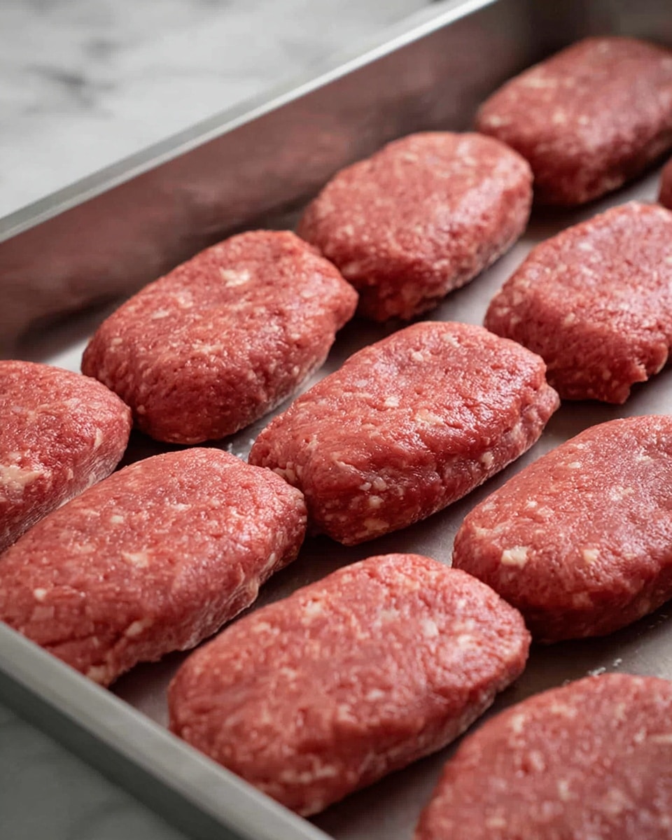 The image shows a metal tray filled with raw meat shaped into small, oval patties arranged in rows. Each patty is light red with visible small white bits embedded, likely pieces of fat or seasoning. The patties have a slightly rough texture and are placed close to each other but not touching. The tray surface is smooth and clean, with the edges of the tray slightly raised to hold the meat. The background features a white marbled texture. photo taken with an iphone --ar 4:5 --v 7