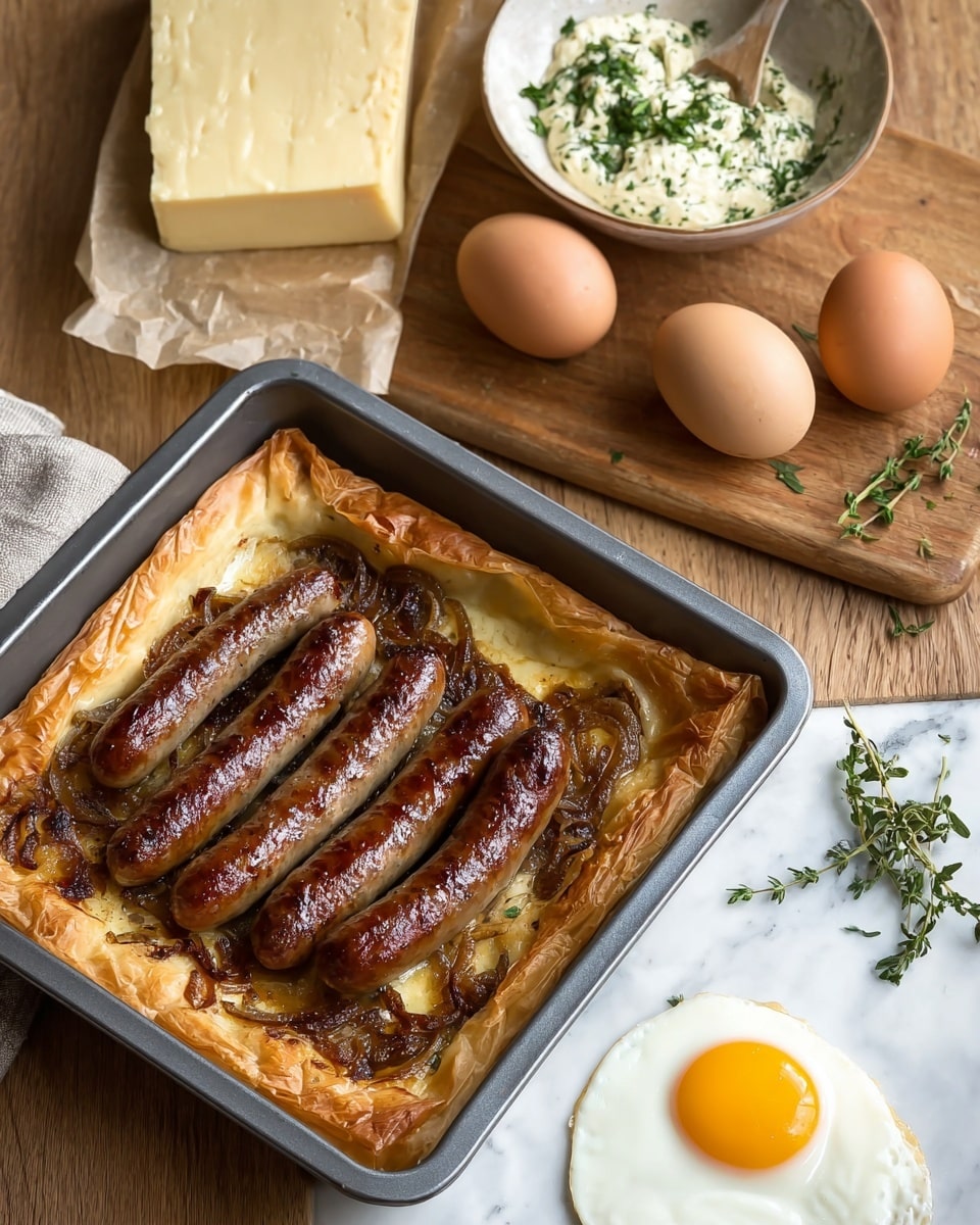 The image shows a rectangular baking pan filled with a dish that has four browned sausages placed on a bed of caramelized onions, all resting on a light golden puff pastry layer with slightly raised edges. Behind the pan, a wooden surface holds three brown eggs, a block of pale yellow cheese wrapped in parchment, and a bowl with cream and green herbs sprinkled on top. To the right, there is a perfectly cooked sunny-side-up egg with a bright yellow yolk. Fresh green herb sprigs are scattered nearby on the wooden surface with a white marbled texture underneath. Photo taken with an iphone --ar 4:5 --v 7