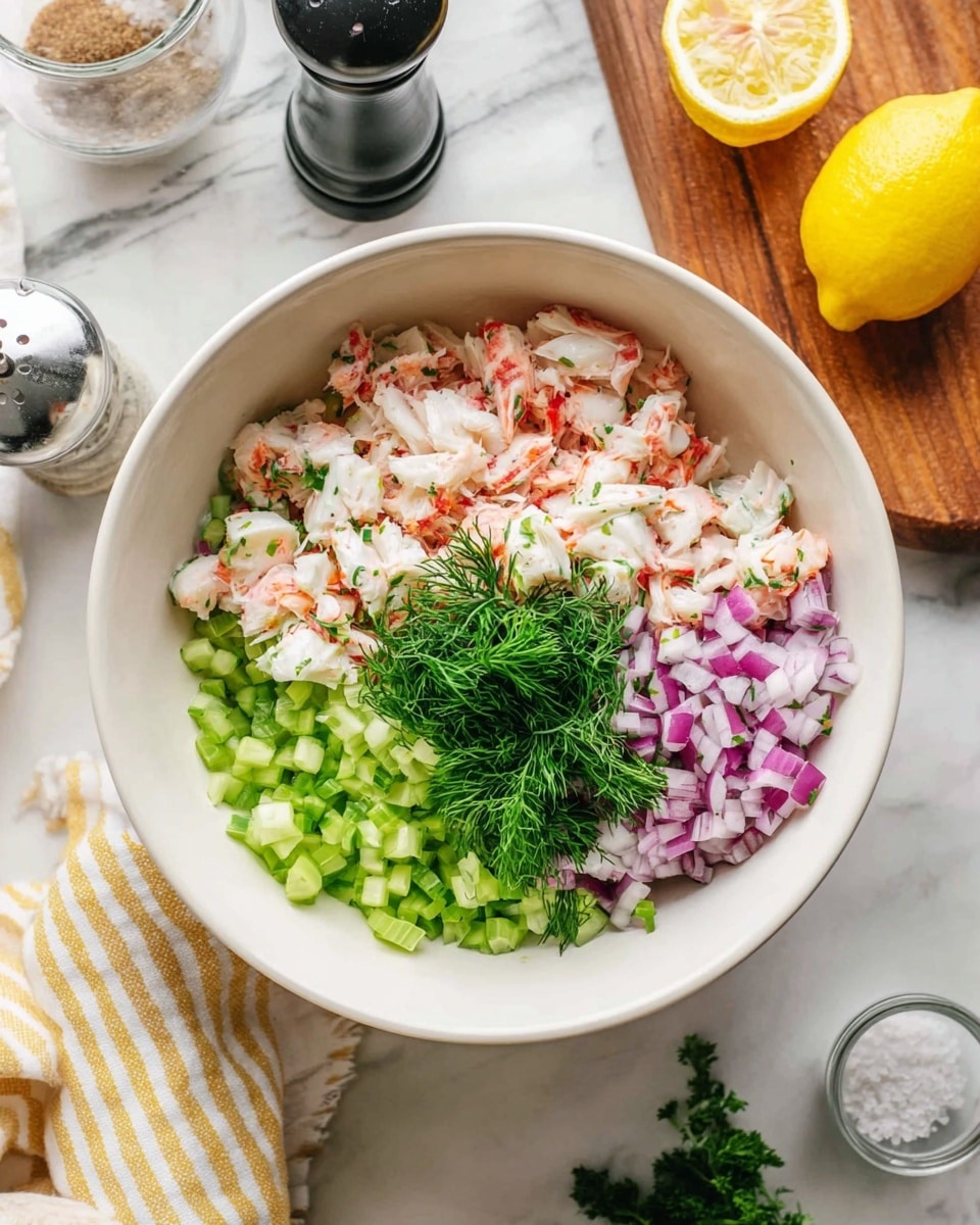 A white bowl sits on a white marbled surface, filled with four clearly separated layers of ingredients: finely chopped green celery on the left side, small pieces of light pink and white crab meat or imitation crab on the top right, finely diced purple onions on the bottom right, and in the center, a small bunch of fresh green dill. The edges of the bowl show a slight creamy pink sauce. Around the bowl are a halved lemon, a black pepper grinder, a glass container with white salt, a wooden board, and a white and yellow striped cloth. A woman's hand is partially visible holding the bowl on the left side. Photo taken with an iphone --ar 4:5 --v 7