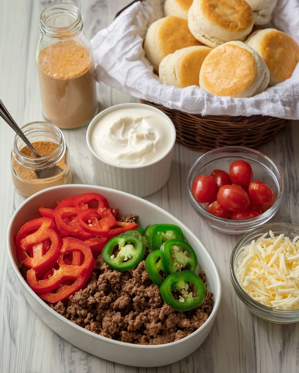 The image shows a white oval dish with three layers: the bottom layer is cooked ground beef in a brown color, the top left layer is slices of red bell pepper, and the top right layer is slices of green jalapeño peppers. Next to the dish, there is a small white bowl filled with white cream, a small glass jar of light brown sugar, a white ramekin with shredded white cheese, and a glass bowl holding small red tomatoes with a spoon inside. In the background, there is a white basket lined with white cloth holding several golden brown biscuits. The whole setup is set against a white marbled surface. photo taken with an iphone --ar 4:5 --v 7