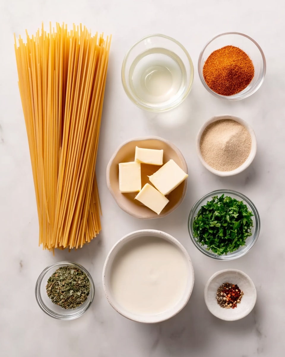 The image shows ingredients arranged neatly on a white marbled surface. In the bottom left is a white bowl filled with creamy white liquid. Above it, there is a tall bunch of uncooked spaghetti standing upright with a golden yellow color. Around and above the spaghetti, there are small white bowls and clear glass containers holding various items: a reddish-orange powder, light brown smooth paste, white powder, two light yellow butter blocks in a white bowl, bright green chopped parsley, darker green chopped herbs, light brown granulated powder, clear liquid, black pepper, and a small mix of red and brown spices on a white dish. Everything is placed separated with clear spacing. photo taken with an iphone --ar 4:5 --v 7