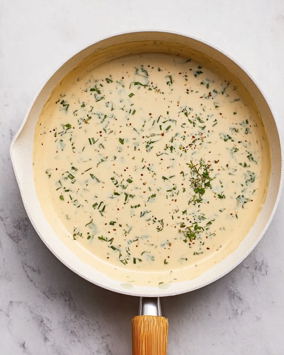 The image shows a white pan filled with a creamy sauce that is light beige with small green herb pieces scattered evenly throughout. The pan has a wooden handle and rests on a white marbled surface. The sauce appears smooth with a slight glossy texture, and some tiny seeds or spices add subtle specks of color. The photo is taken from above, showing the full round shape of the pan, emphasizing the sauce's creamy consistency and herb bits. photo taken with an iphone --ar 4:5 --v 7
