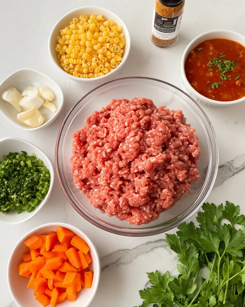 The image shows a clear glass bowl filled with raw ground meat, its texture coarse and pinkish-red, placed on a white marbled surface. Surrounding it are six small white bowls: one with small yellow pasta, another holding diced orange carrots, one with a red tomato sauce topped with green herb paste, a bowl with chopped green vegetables and sliced small orange tomatoes, one containing white cheese crumbs with whole peeled garlic cloves, and a small container with a spice bottle behind the bowls. Fresh green parsley leaves are placed on the right side. The whole setup is neat and bright, with a clean white marbled background. Photo taken with an iphone --ar 4:5 --v 7