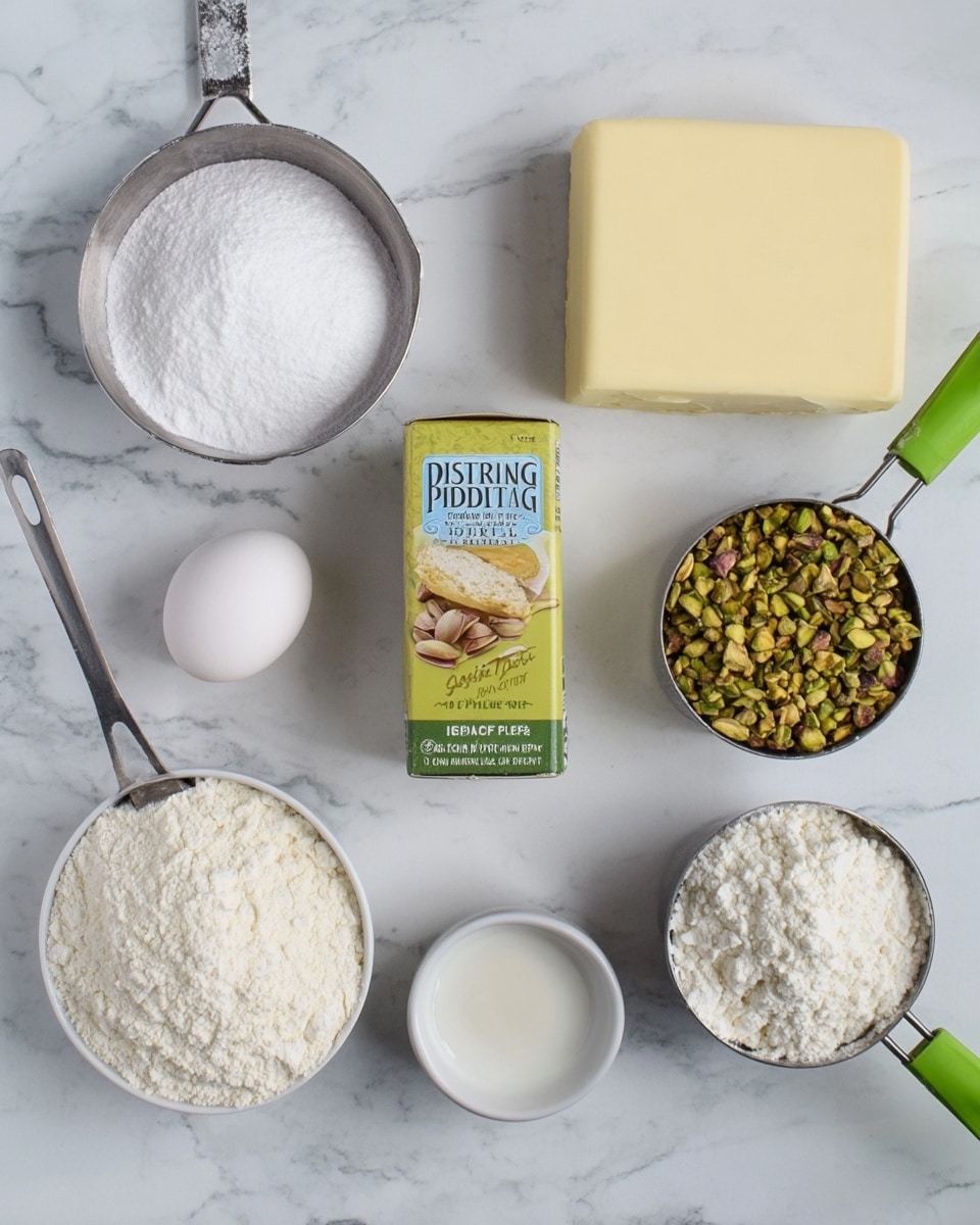 The image shows several baking ingredients neatly placed on a white marbled surface. There is a metal measuring cup filled with white sugar on the left, a white egg next to a box of pistachio-flavored instant pudding and pie filling in the center. Above the egg and pudding box is a rectangular block of butter. To the right of the egg and pudding box are two metal measuring cups, one filled with crushed pistachios and the other with white flour. Below the sugar cup is a small white bowl containing vanilla extract, and next to it, another small white bowl with baking powder. A green extract bottle lays flat near the bottom right corner. All items are organized in a visually balanced way photo taken with an iphone --ar 4:5 --v 7