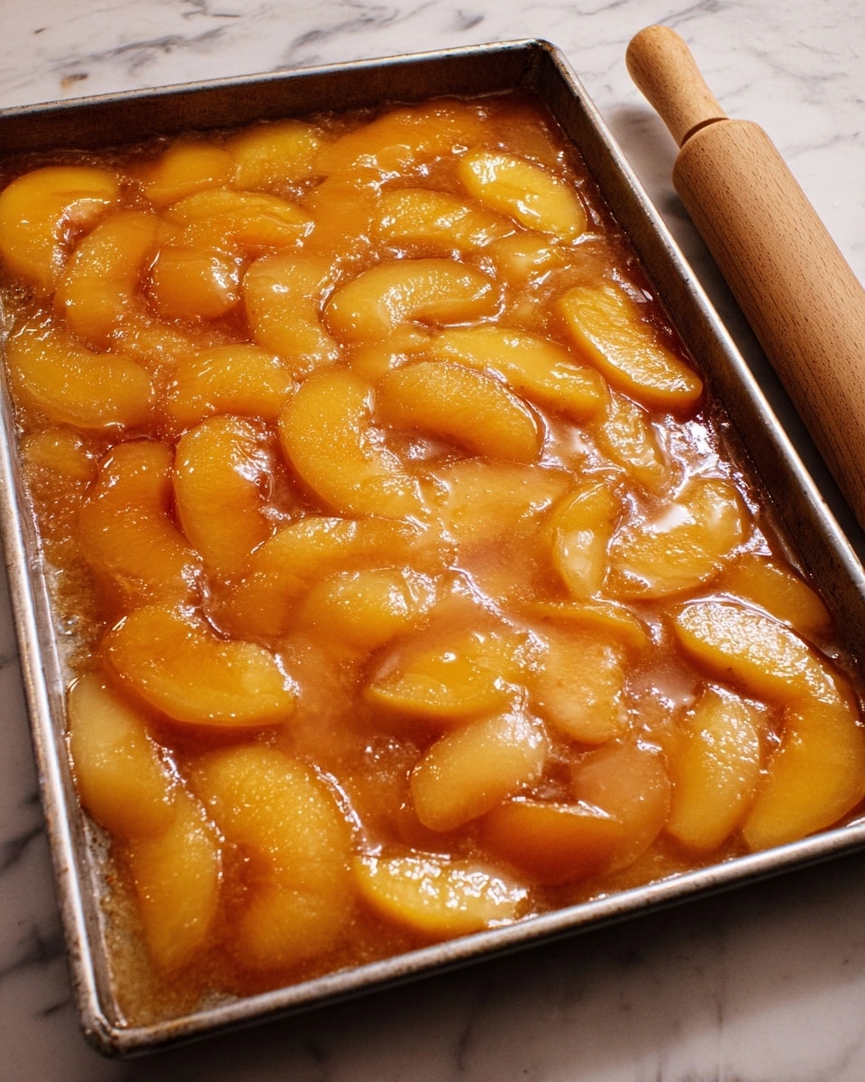 A rectangular metal baking tray filled with a single thick layer of light golden peach slices covered in a shiny, syrupy glaze, resting on a white marbled surface with a wooden rolling pin placed in the upper right corner, showing a smooth and slightly translucent texture on the fruit pieces photo taken with an iphone --ar 4:5 --v 7
