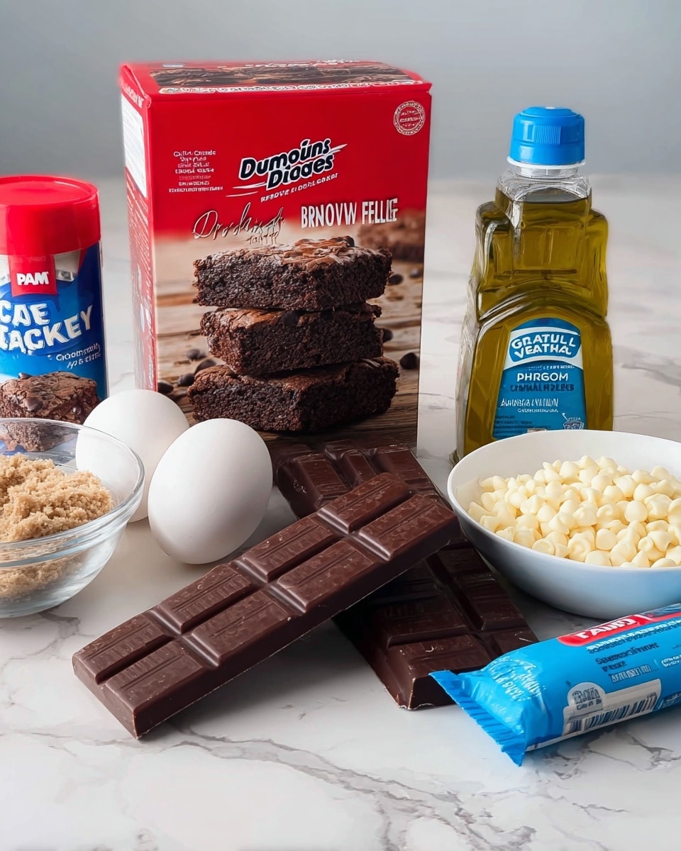 The image shows several baking ingredients arranged on a white marbled surface. In the back, there is a red box of Duncan Hines chewy fudge brownie mix with a picture of three stacked chocolate brownies. To the right of the box, there is a clear bottle of Great Value vegetable oil with a blue label. Next to the oil, a white bowl holds white chocolate chips, and leaning against it is a large bar of dark chocolate broken into sections. In front of the box and bottle, there are two white eggs placed on the surface. On the left side, there is a red can of PAM baking spray, and alongside it lies a blue tube of Pillsbury chocolate chip cookie dough. photo taken with an iphone --ar 4:5 --v 7