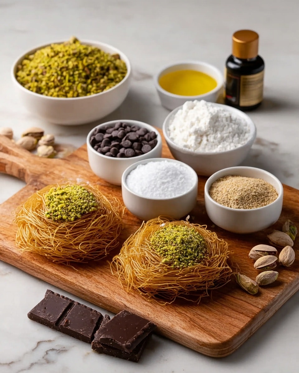 The image shows a wooden cutting board on a white marbled surface. On the cutting board, there are two nests of thin, golden-brown pastry strands stacked side by side, with one topped with a small pile of finely crushed green pistachios. Behind the nests, a white bowl is filled with a larger amount of crushed green pistachios. Nearby, small white bowls hold different ingredients: a dark pile of chocolate chips, two bowls filled with white powder (likely flour or sugar), and a small bowl with yellow oil. There are a few pieces of dark chocolate squares and some whole pistachios placed in front of the bowls, with a small bottle of vanilla extract standing towards the back. The photo taken with an iphone --ar 4:5 --v 7