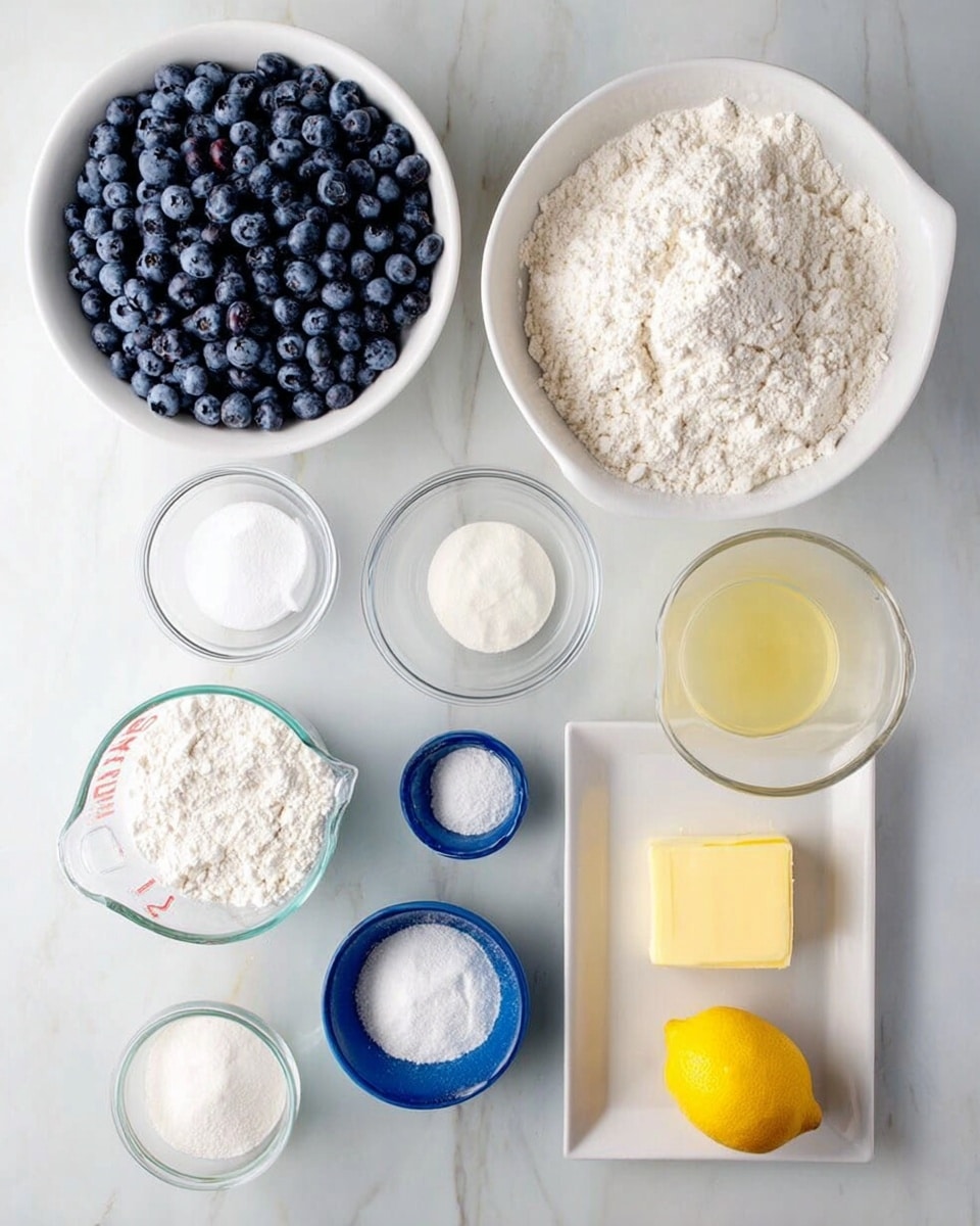 A white bowl filled with a large pile of fresh blueberries is in the top left, next to two small clear glass bowls, one with white sugar and the other with cream. To the right of the blueberries, a large white bowl contains a mound of white flour. Below the flour is a stick of butter in yellow paper, and to the lower left is a clear glass measuring cup filled with white powdered sugar. Three small blue bowls contain white powder ingredients, placed in a triangle near the bottom center right, along with a bright yellow lemon on the far right. A small glass bowl with light yellow liquid is just above the butter. All bowls and items sit on a white marbled surface photo taken with an iphone --ar 4:5 --v 7