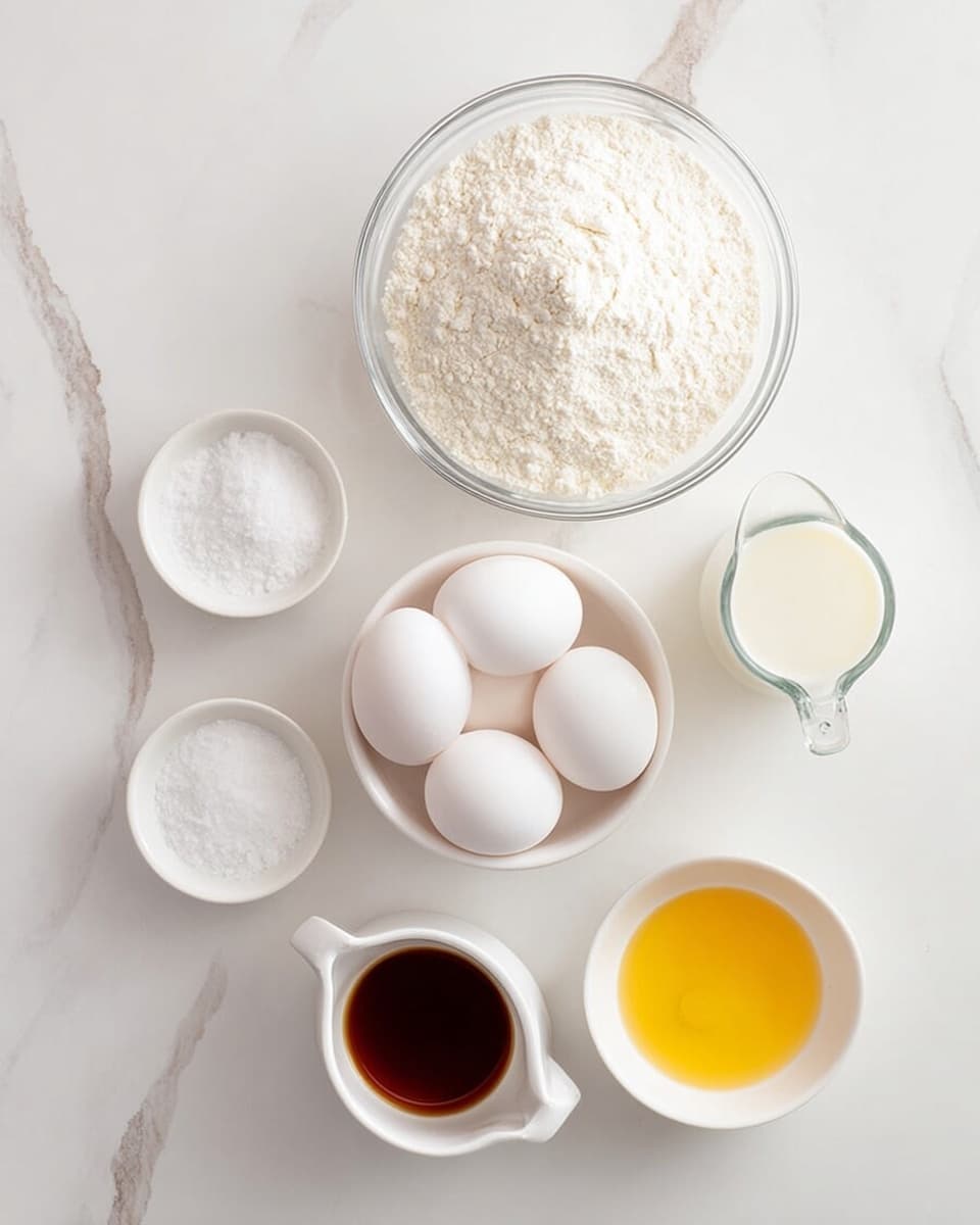 The image shows six cooking ingredients arranged neatly on a white marbled surface in a flat lay style. In the center is a white bowl holding six smooth white eggs. Above the bowl, slightly to the left, is a clear glass bowl filled with white flour that looks soft and powdery. To the right of the flour is a clear glass measuring cup containing white milk. Below the flour, to the left of the eggs, is a small white bowl with fine white salt. Below the eggs, centered, is a small white pitcher filled with brown vanilla extract. To the right of the vanilla is a small white bowl with a yellow liquid ingredient that looks like melted butter. The setup looks clean and bright, showing all ingredients clearly. photo taken with an iphone --ar 4:5 --v 7