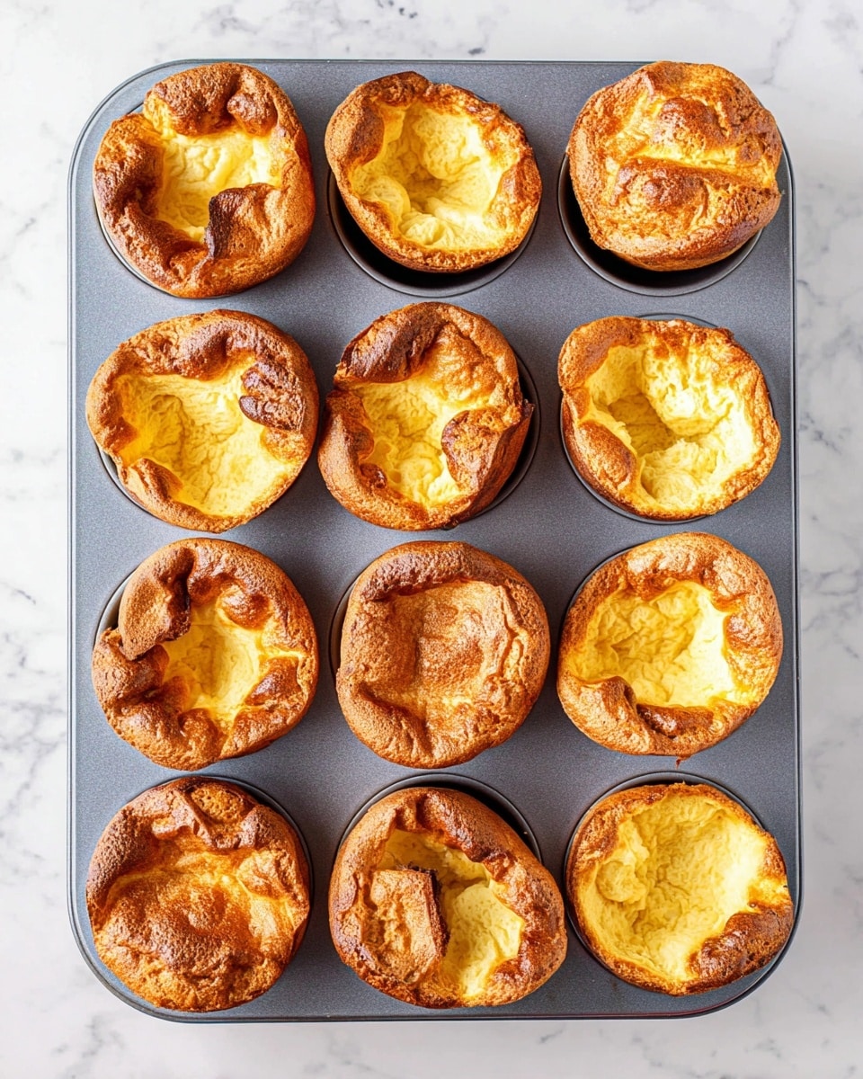 A gray baking tray holds twelve golden brown popovers, each rising slightly above the edges of the round wells. Each popover has a lightly wrinkled and crisp top layer with some parts showing a darker brown toasted texture, while the inside looks soft and airy with a hollow center. The edges of the popovers curl unevenly, creating an irregular but inviting shape, and the tray is set on a white marbled surface. photo taken with an iphone --ar 4:5 --v 7