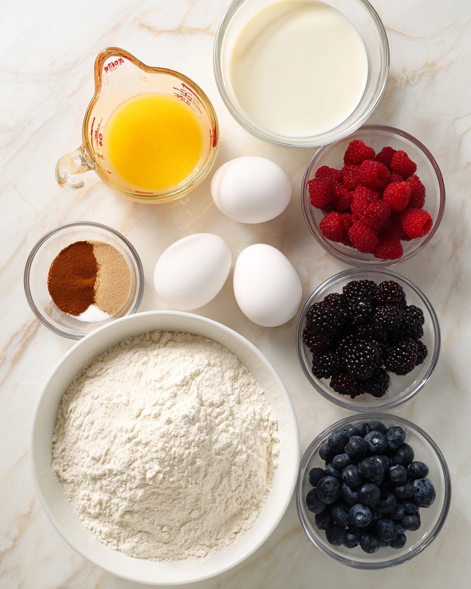 The image shows different clear glass bowls and containers arranged on a white marbled surface. There is a large white bowl full of white flour at the bottom center. Above it, two white eggs rest side by side. To the left, a clear measuring cup contains melted yellow butter, and above it is a large clear bowl with white liquid, likely milk. Three small clear bowls above the eggs hold white granulated sugar, ground cinnamon, and blackberries from left to right. To the right of the eggs, there are two small clear bowls with red raspberries and dark blue blueberries. The items are neatly placed with the colors of the fruits contrasting with the white and light tones of the other ingredients photo taken with an iphone --ar 4:5 --v 7