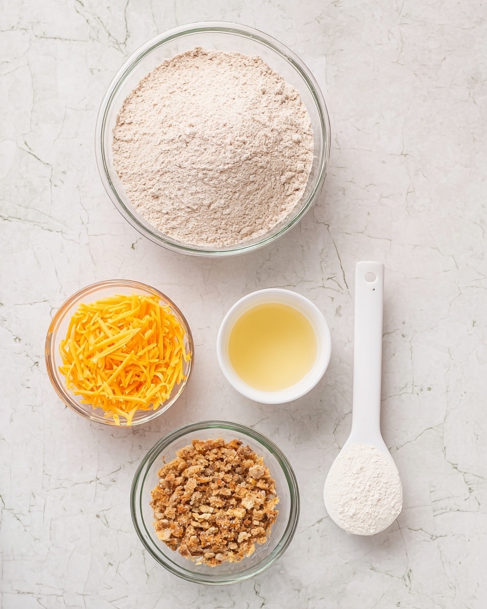 A white marbled surface holds five separate containers of ingredients for cooking. At the top left, there is a large clear glass bowl filled with a pale beige powdery mixture. To the right of this bowl is a small white cup holding a yellowish liquid with a mild foam on top. Below this is a small white bowl filled with crushed, light brown small pieces resembling nuts or cereal. At the bottom left, there is a small clear glass bowl containing bright orange shredded cheese. To the bottom right of the image lies a white measuring spoon containing a small amount of fine white powder. photo taken with an iphone --ar 4:5 --v 7
