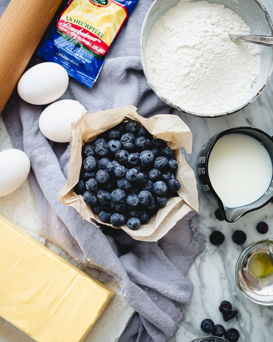 A top-down photo showing fresh blueberries in a small paper-lined container placed on a soft grey cloth. Around it are scattered a white egg, a glass of sugar with white granules, a black measuring cup filled with milk, a white bowl full of flour, a stick of yellow butter wrapped in blue paper, a small stainless steel cup with oil, a packet of yeast with red and yellow colors, and part of a wooden rolling pin at the top left. The background is a white marbled surface. photo taken with an iphone --ar 4:5 --v 7