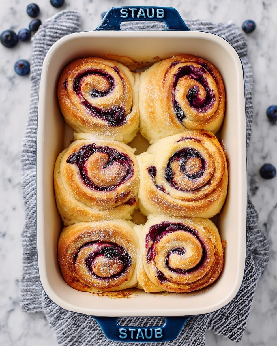 Six swirled rolls are placed close together in a white baking dish with a blue handle that reads