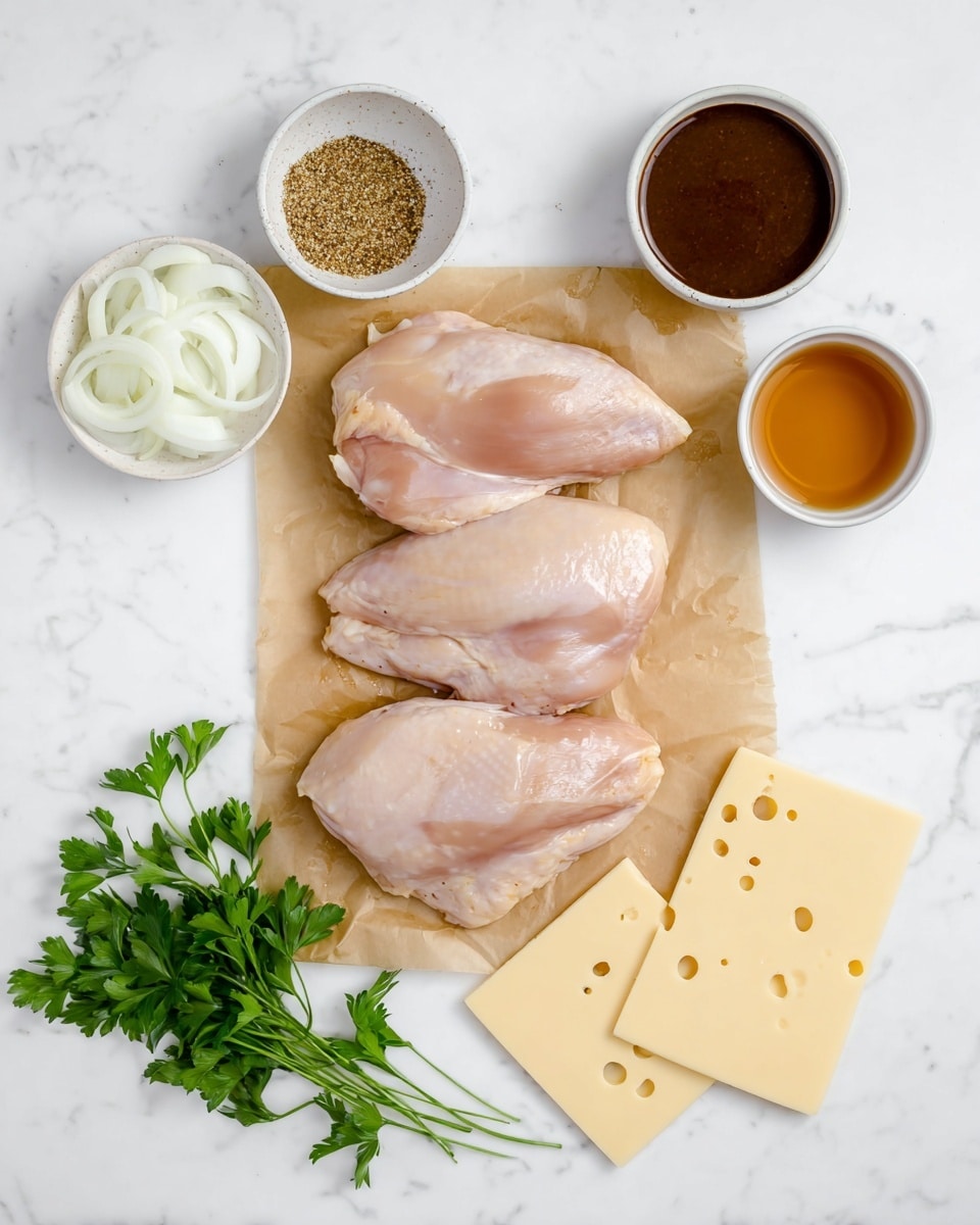 The image shows four raw pink chicken breasts arranged in two rows on a sheet of brown parchment paper placed on a white marbled surface. Above the chicken breasts, there are two small white bowls, one containing a dark brown sauce with a thick, smooth texture and the other filled with a light beige seasoning mix with small bits. To the right of the chicken, a small white bowl holds a golden-brown liquid. Below the chicken, there are three pale yellow slices of cheese with small holes, and next to them is a small white bowl filled with thin, white onion slices. Two small bunches of fresh green parsley are placed diagonally opposite each other near the top left and bottom right corners of the frame. Photo taken with an iphone --ar 4:5 --v 7