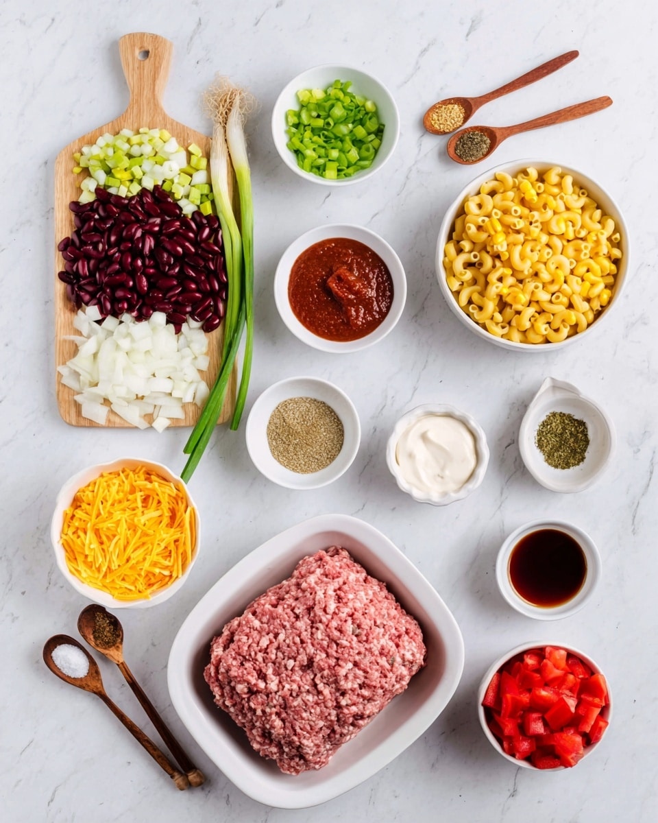 This image shows many cooking ingredients neatly placed on a white marbled surface. In the center, there is a white dish holding a block of raw ground meat with a pinkish color and textured pattern. Above it to the left, a small white square dish contains red tomato paste. Next to it, a wooden cutting board holds green chopped celery and white chopped onion, with two whole green onions resting on top. Above the cutting board, a white bowl is full of dark red kidney beans, and next to it, a clear round bowl holds small, yellow macaroni pasta. Below the kidney beans, a white bowl contains yellow corn kernels. Small bowls with dark brown sauce, red sauce, and white sour cream are scattered around. A bowl of shredded yellow cheddar cheese is seen at the bottom left, with a small white dish of minced garlic nearby. To the right of the meat, a clear bowl holds dark brown sugar, while two small wooden spoons with green herbs and reddish chili powder rest close by. A small white bowl of chopped red tomatoes is in the lower right. Two more small wooden spoons hold white salt and black pepper near the meat dish. All items are bright and organized on the clean white marbled surface. Photo taken with an iphone --ar 4:5 --v 7