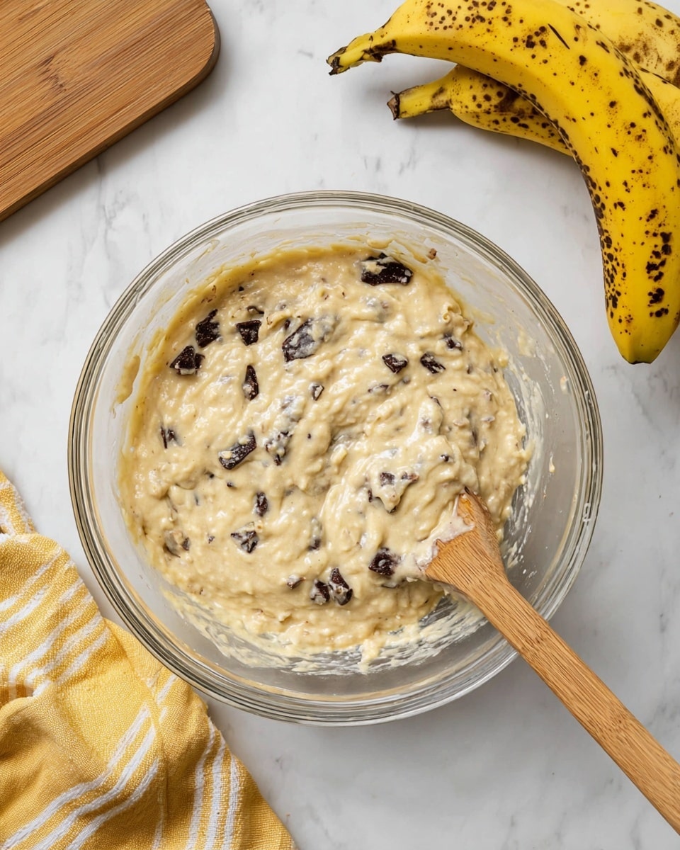 A clear glass bowl filled with creamy, thick banana batter mixed with dark chocolate chunks is placed on a white marbled surface. The batter is pale yellow with small soft lumps and dark chocolate pieces spread unevenly throughout. A wooden spoon with some batter on it rests inside the bowl on the right side. Near the top right, two ripe bananas with brown spots lie on the white marbled surface. At the top left, there is a wooden cutting board, and in the bottom left corner, a crumpled yellow cloth with white stripes adds a touch of color. photo taken with an iphone --ar 4:5 --v 7