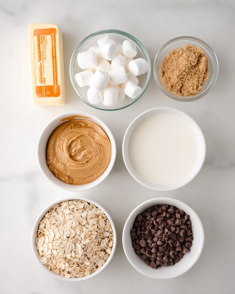 The image shows seven ingredients arranged neatly on a white marbled surface. There is a stick of butter with orange markings, a small clear bowl filled with large white marshmallows, a medium clear bowl with smooth light brown peanut butter, and another clear bowl with white milk. Below these are three white bowls: one large and filled with white sugar, one medium filled with dark brown chocolate chips, and a large one filled with light tan rolled oats. Finally, a small white bowl contains light tan crushed graham crackers. The setup is clean and bright, with the bowls and ingredients spaced evenly. Photo taken with an iphone --ar 4:5 --v 7