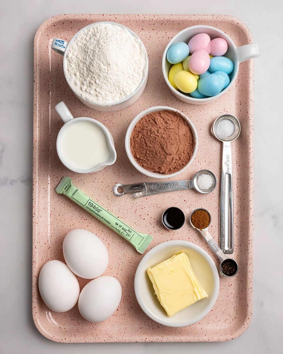 A pink speckled tray holds various baking ingredients arranged neatly, including two white eggs at the bottom left, a white measuring cup filled with white flour near them, and beside it a half cup measuring cup with light brown cocoa powder. Above is a one-cup cup filled with white powdered sugar, and next to it a 1/3 cup with colorful pastel candy eggs in blue, pink, yellow, and green. On the right side, there is a small white bowl with a chunk of yellow butter, and nearby are three small metal measuring spoons with different powders and dark liquid. A 1/2 cup measuring cup filled with white milk is positioned near the bottom middle. The entire setup rests on a clean white marbled surface. In the center is a small tube labeled