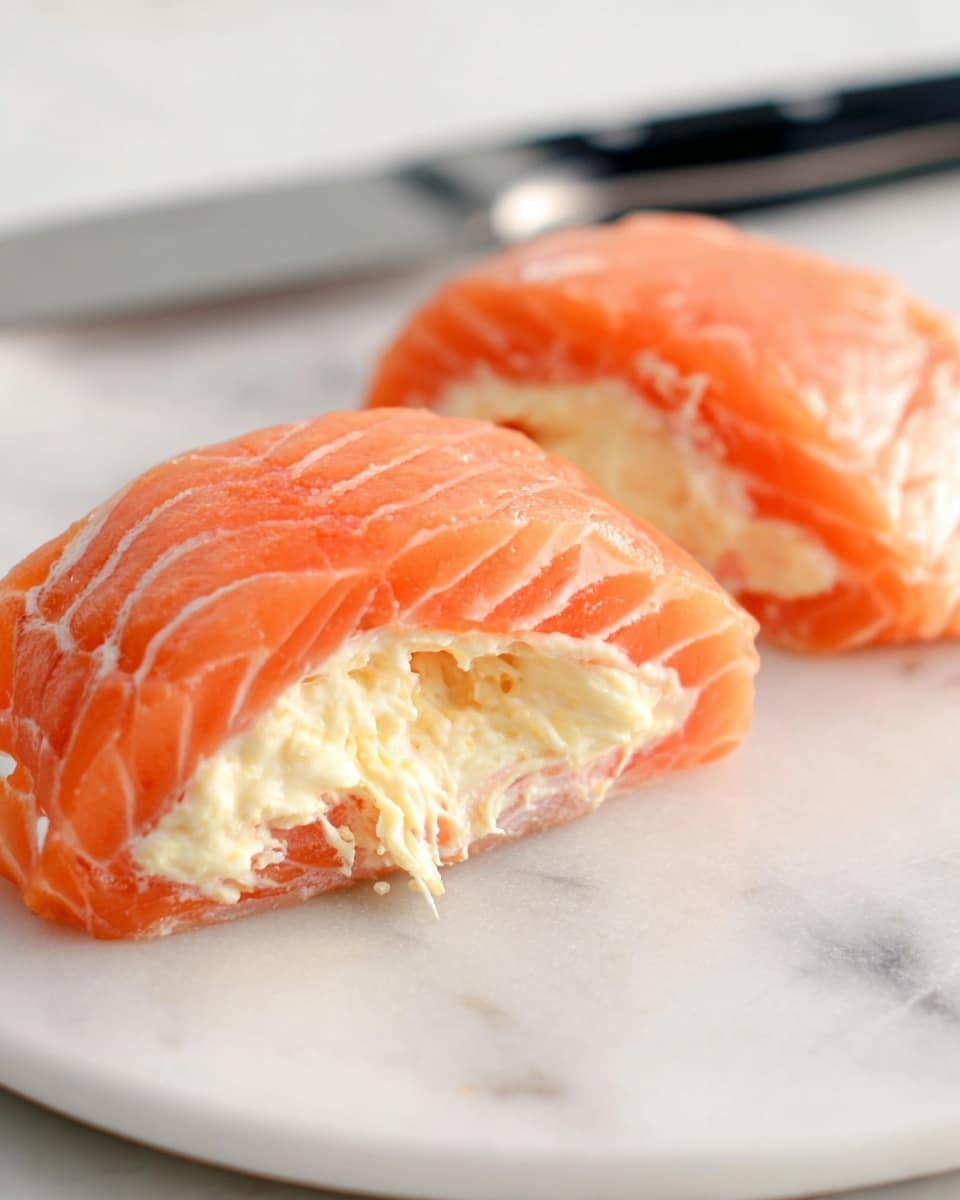 The image shows two pieces of raw salmon rolled into a crescent shape on a white marbled plate, each filled with a creamy, pale yellow filling that has a soft, slightly stringy texture. The salmon is bright orange with smooth, glossy skin and fine white lines running through it, wrapping around the filling fully on the outside but open on the inner side to reveal the creamy mixture inside. In the background, a blurred knife with a black handle rests on the white marbled surface. Photo taken with an iphone --ar 4:5 --v 7