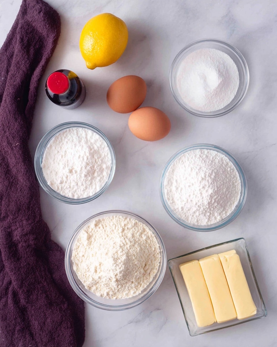 The image shows six baking ingredients arranged neatly on a white marbled surface: a whole yellow lemon near the top left, above three brown eggs placed closely together in the center. To the top right of the eggs is a round glass bowl filled with white powdered sugar, and to the bottom left is another round glass bowl with white powdered sugar. Below the lemon and eggs, there is a round glass bowl at the bottom center filled with white flour. To the right side, there is a small rectangular translucent tray holding two thick light yellow sticks of butter. At the bottom left of the image, a small bottle with dark liquid and a red cap is placed. A purple cloth is partially visible at the top left corner. The photo taken with an iphone --ar 4:5 --v 7